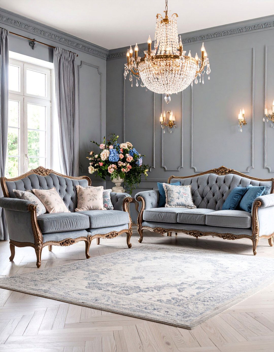 French Country Grey Living Room with Vintage Charm - 25 Grey Living Room With Dark Wood Floors