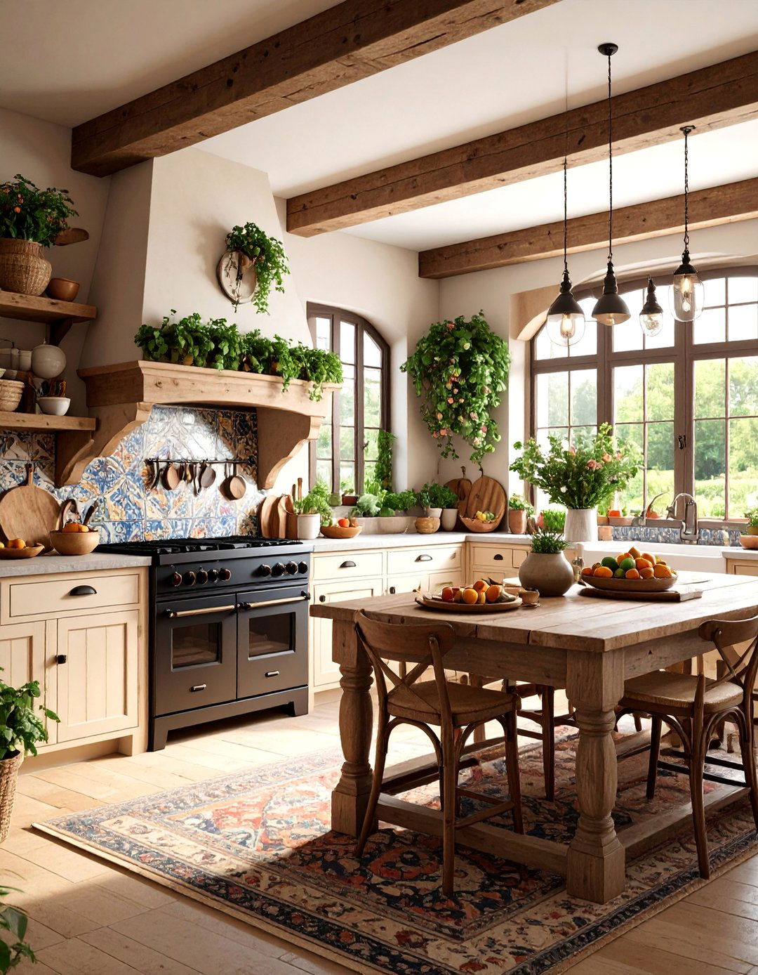 French Country Kitchen with Black Range and Limestone - 25 Kitchen With Black Appliances