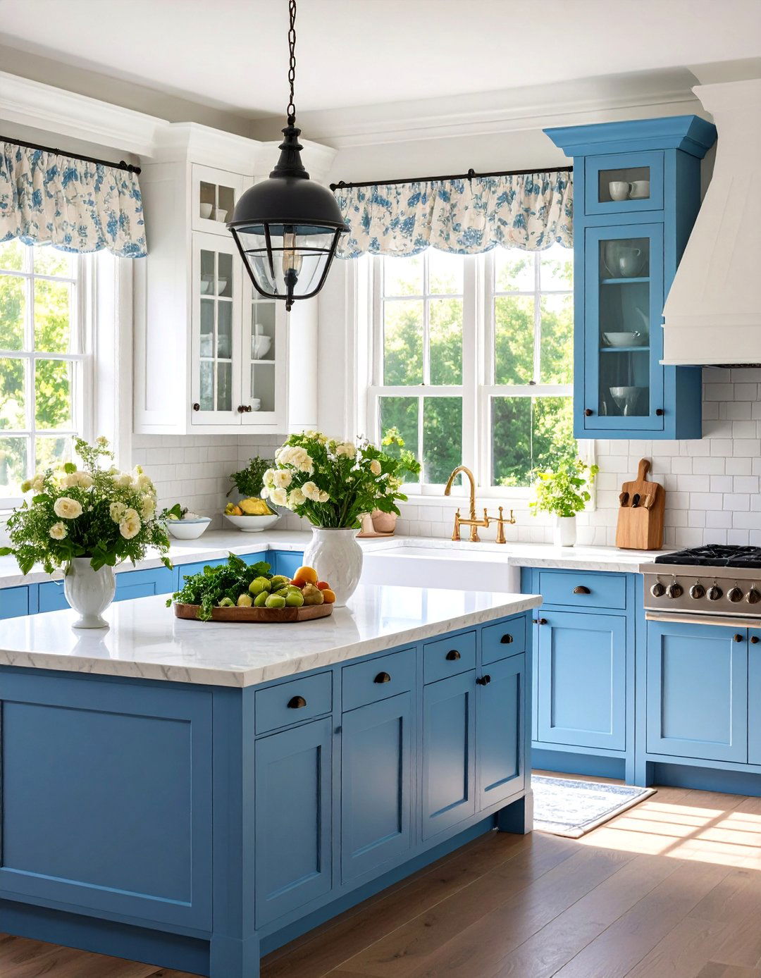 French Country Kitchen with Blue Cabinetry - 25 Blue and White Decor Ideas