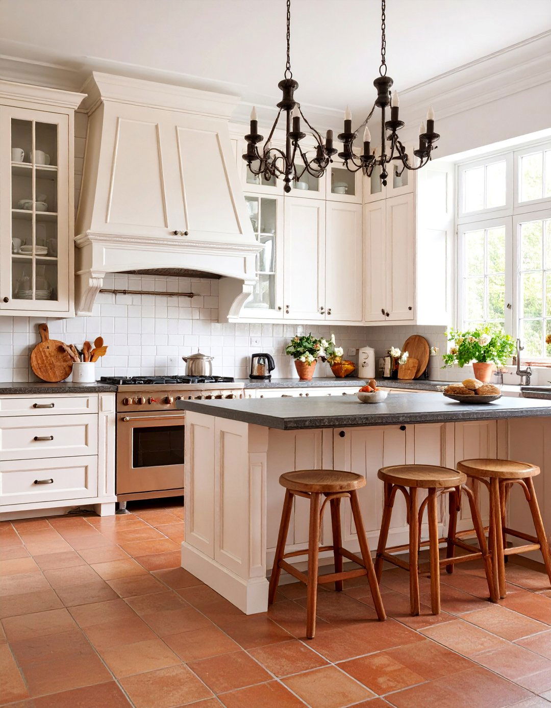 French Country Kitchen with Dark Limestone and Antique White Cabinets - 25 kitchen with dark countertops and light cabinets