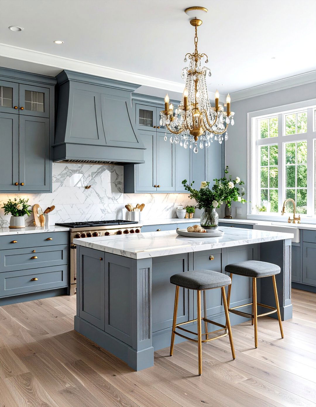 French Country Kitchen with Painted Grey Cabinets and White Marble - 25 Grey and White Kitchen Designs