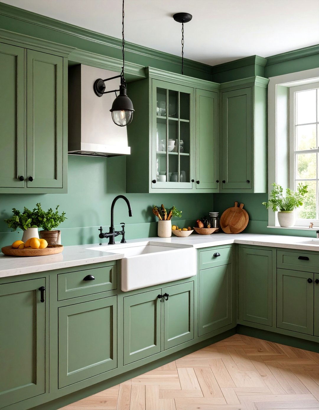 French Country Kitchen with Sage Green Cabinets and Black Iron - 25 Sage Green and Black Kitchen Ideas