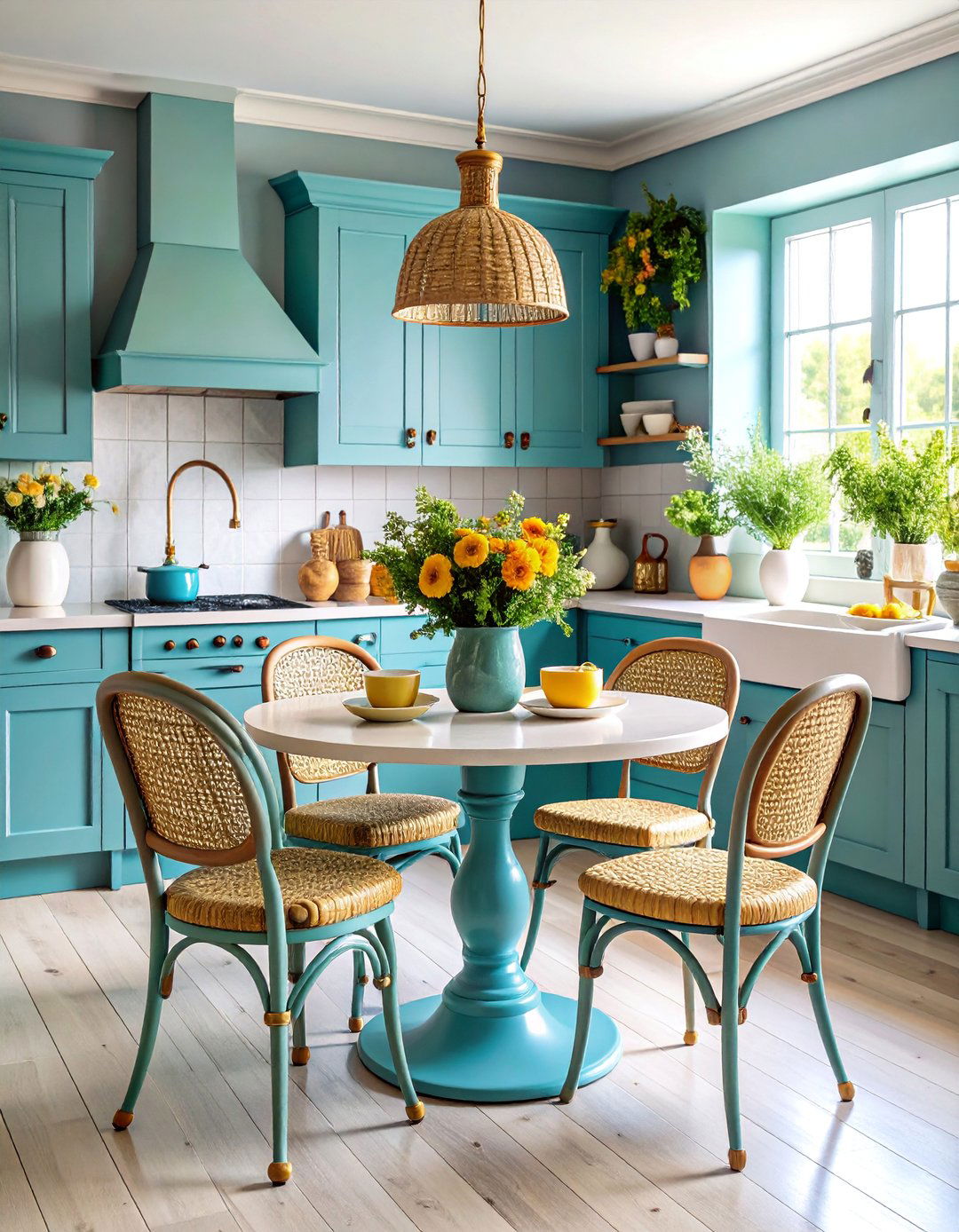 French Country Kitchen with Vintage Bistro Seating - 25 Eat in Kitchen Ideas