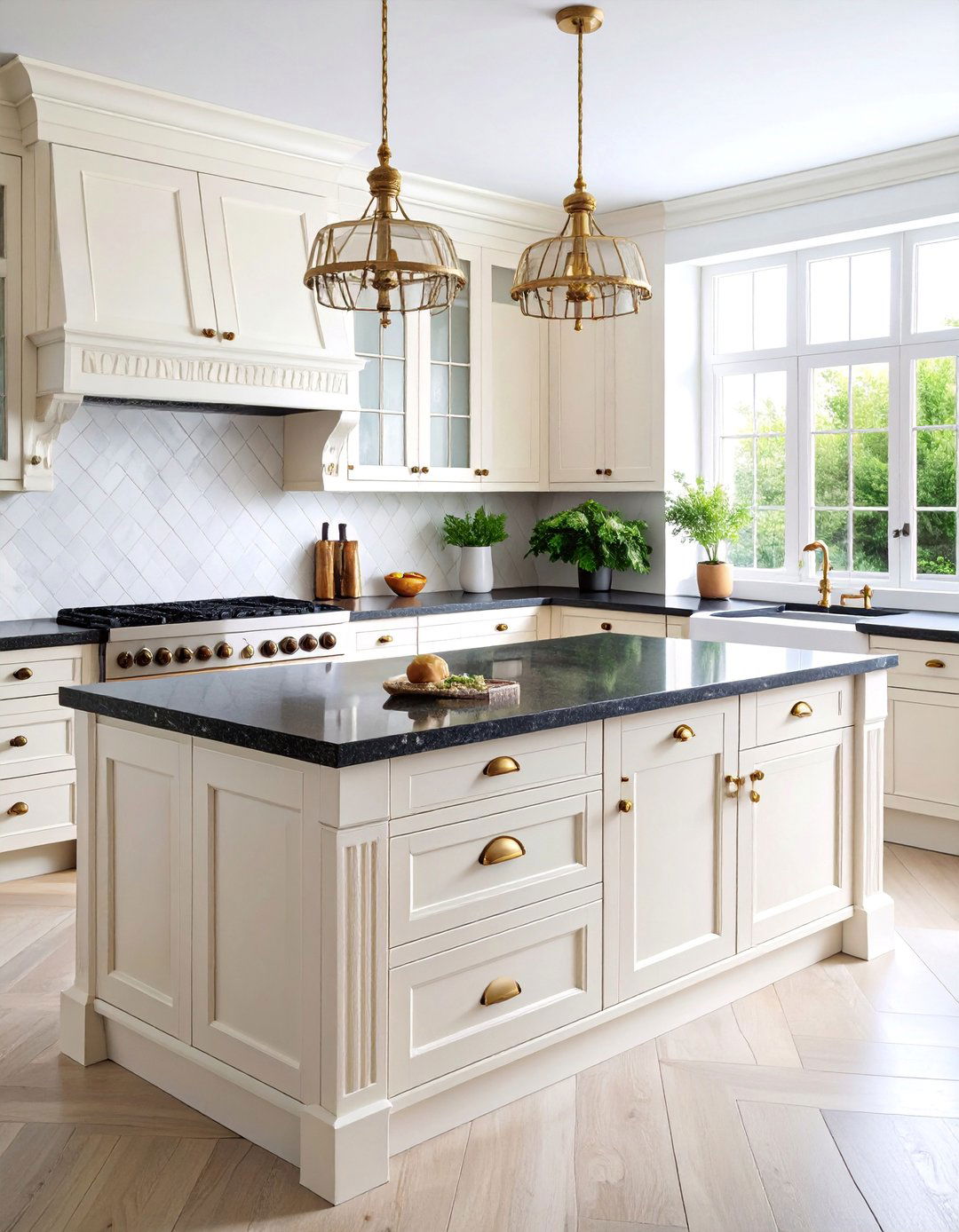 French Country Kitchen with White Cabinets and Dark Stone - 25 white kitchen with black countertops ideas
