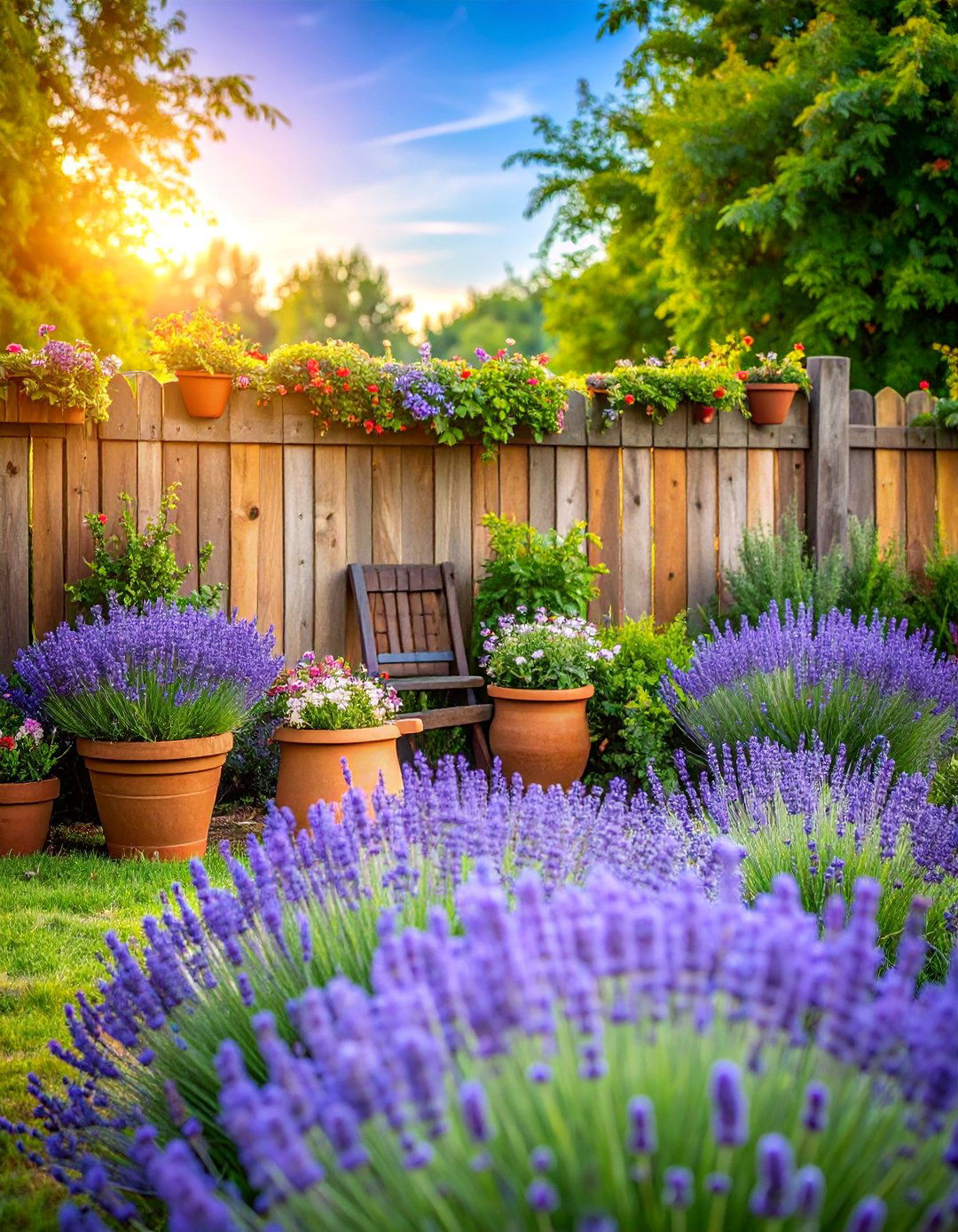French Country Lavender Bed with Rustic Accessories - 25 Raised Garden Bed Along Fence Ideas