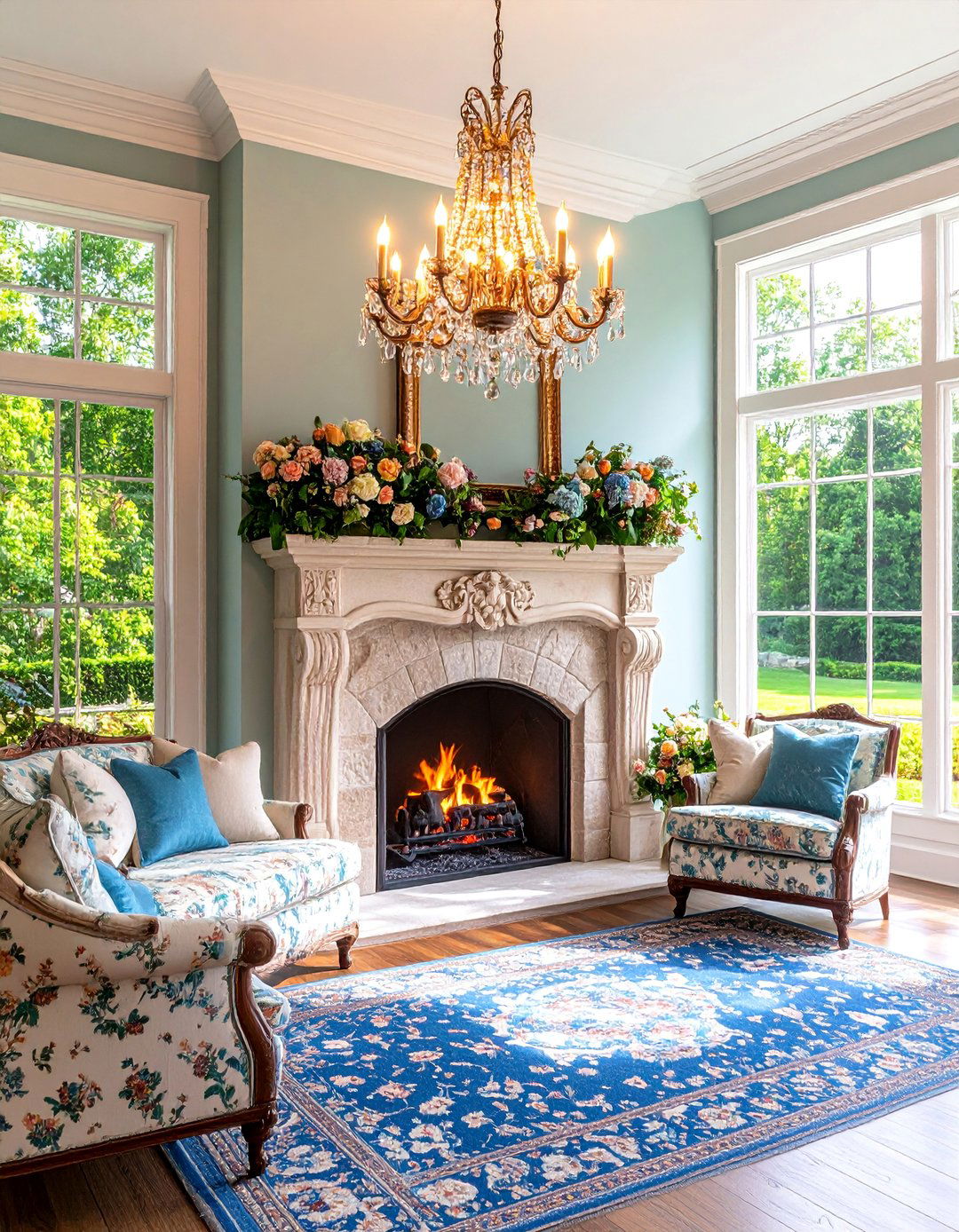 French Country Limestone Fireplace with Elegant Furnishings - 25 Sunroom With Fireplace Ideas