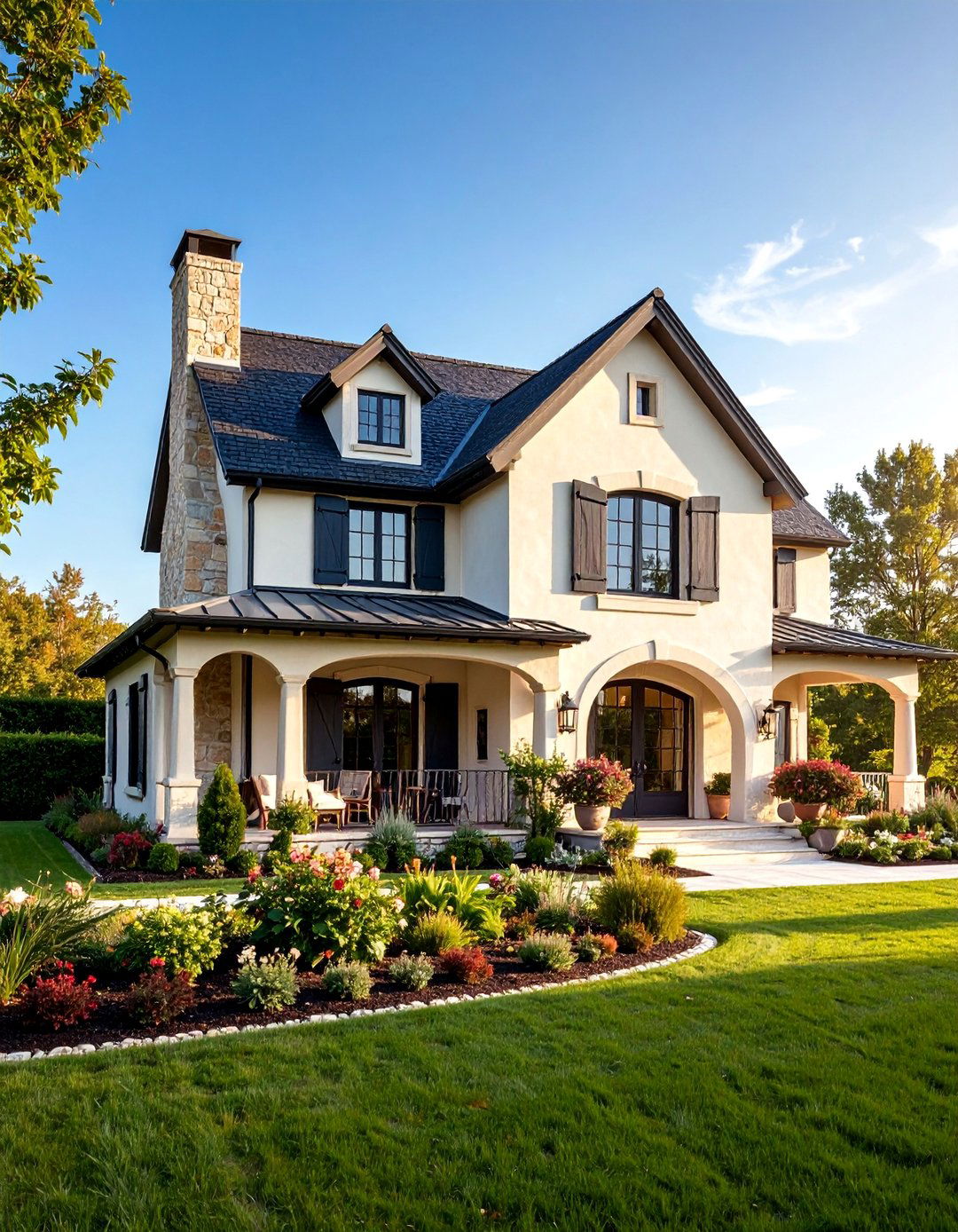 French Country Limestone and Stucco - 25 Exterior Home with a Black Roof Ideas