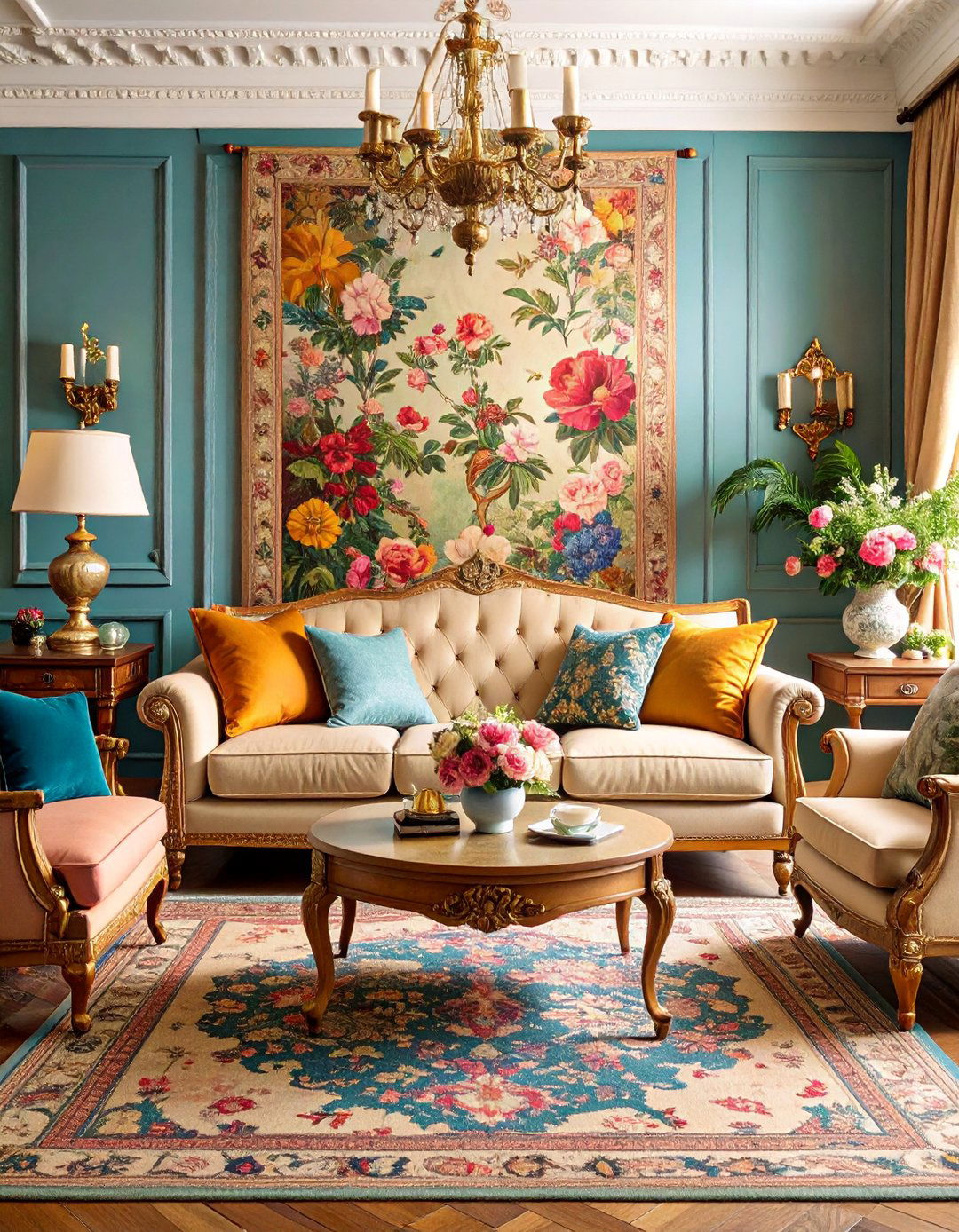 French Country Living Room with Vintage Tapestries - 25 French Country Living Room Ideas