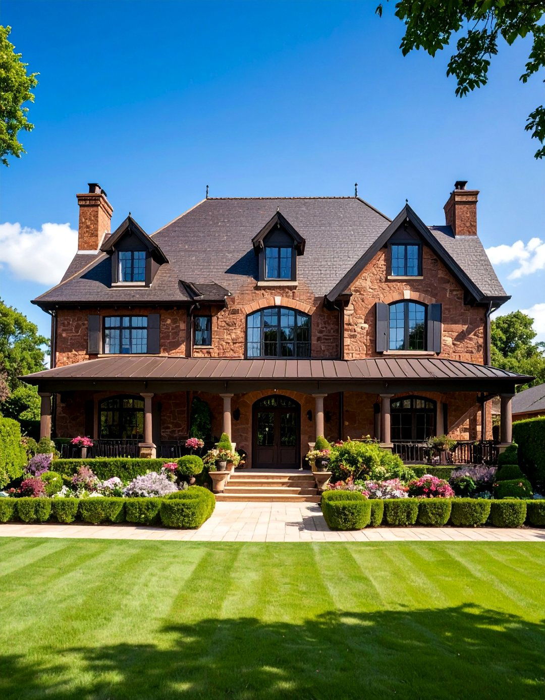 French Country Manor with Chocolate Brown Limestone and Copper Accents - 25 Chocolate Brown House Exterior Design Ideas