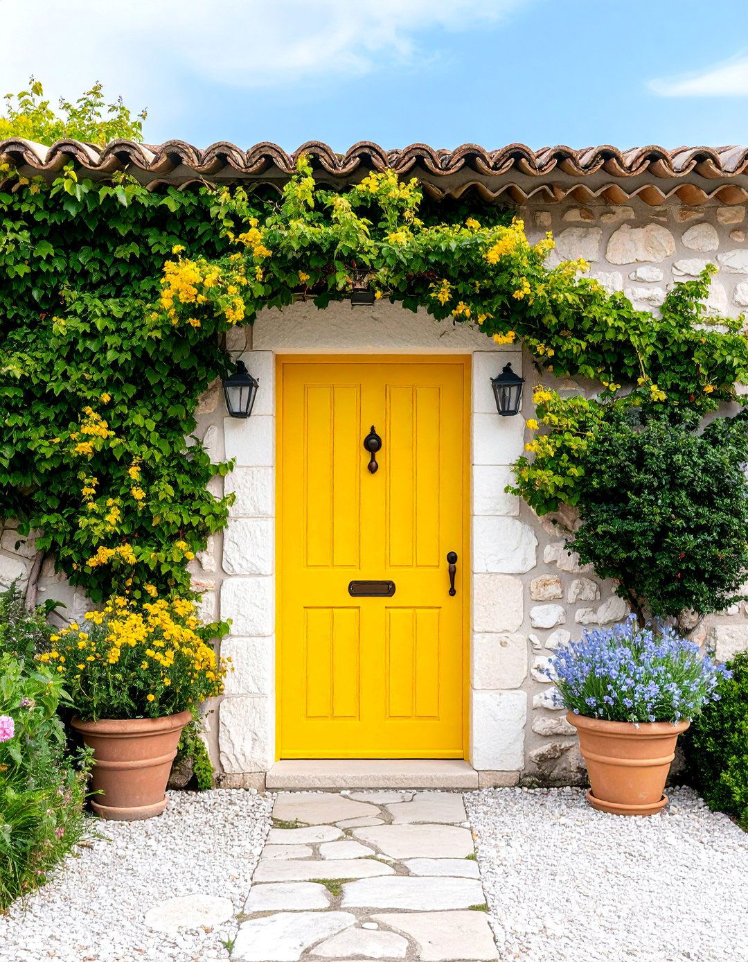 French Country Mustard Door with Stone and Ivy - 25 Mustard Yellow Front Door Ideas