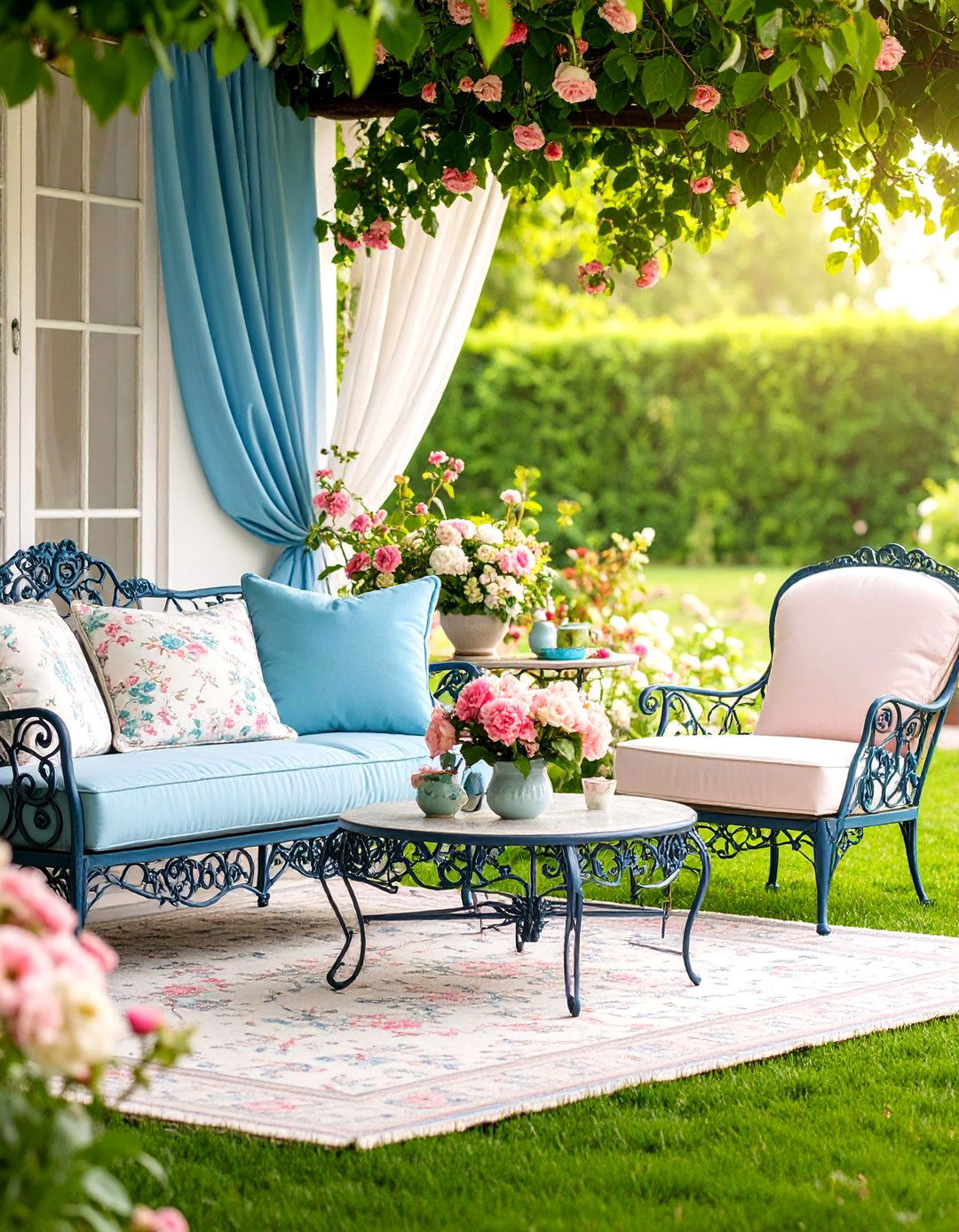 French Country Outdoor Living Room with Ornate Details - 25 Outdoor Living Room Ideas