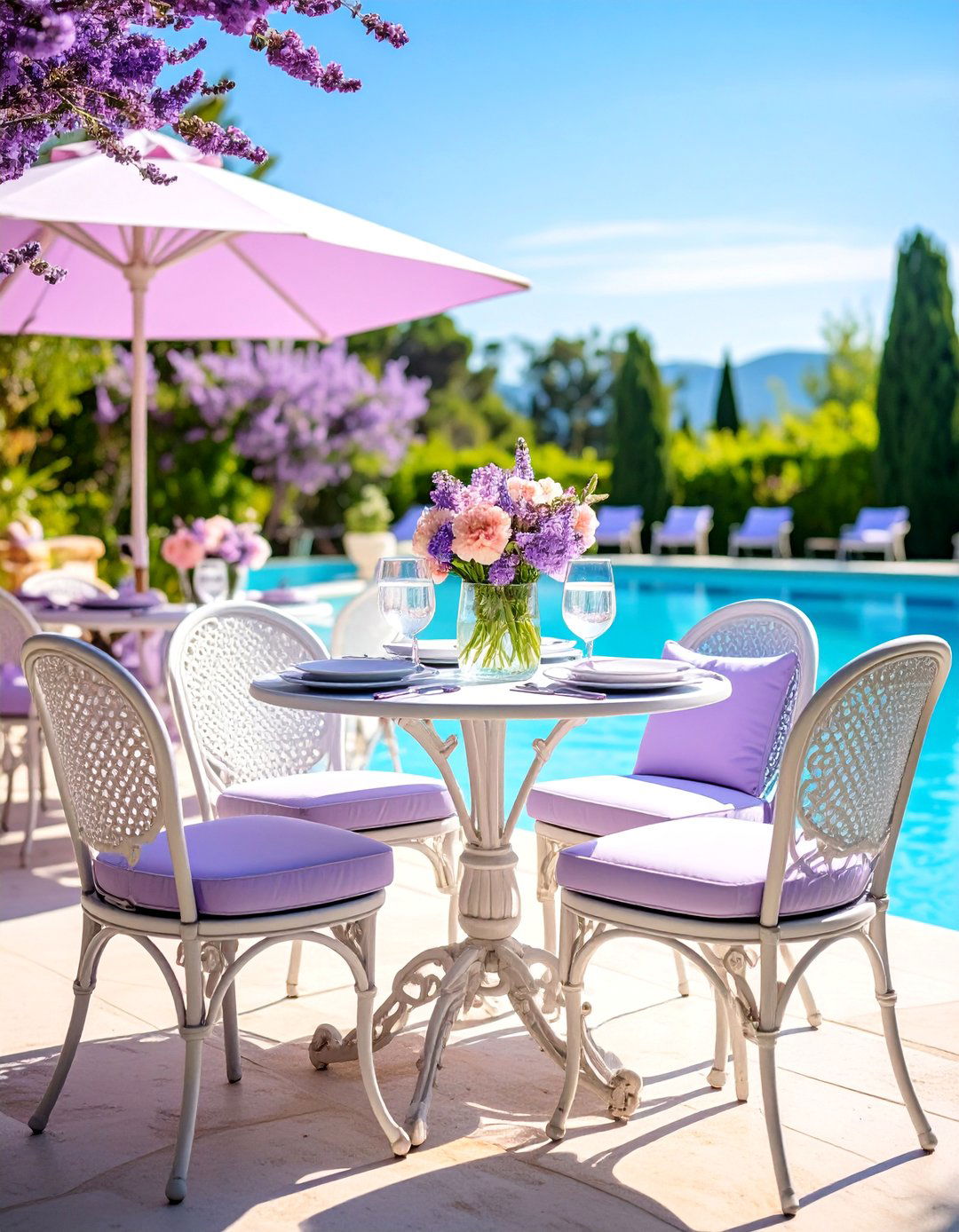 French Country Pool Terrace with Wrought Iron Bistro Sets - 25 Pool Furniture Ideas