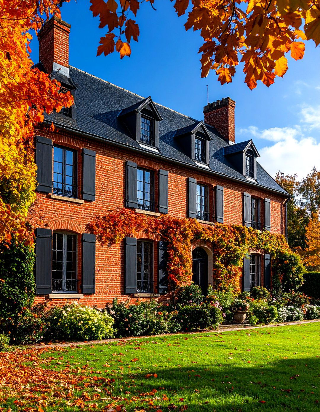 French Country Red Brick House with Black Ironwork Details - 25 Red Brick House with Black Trim Design Ideas