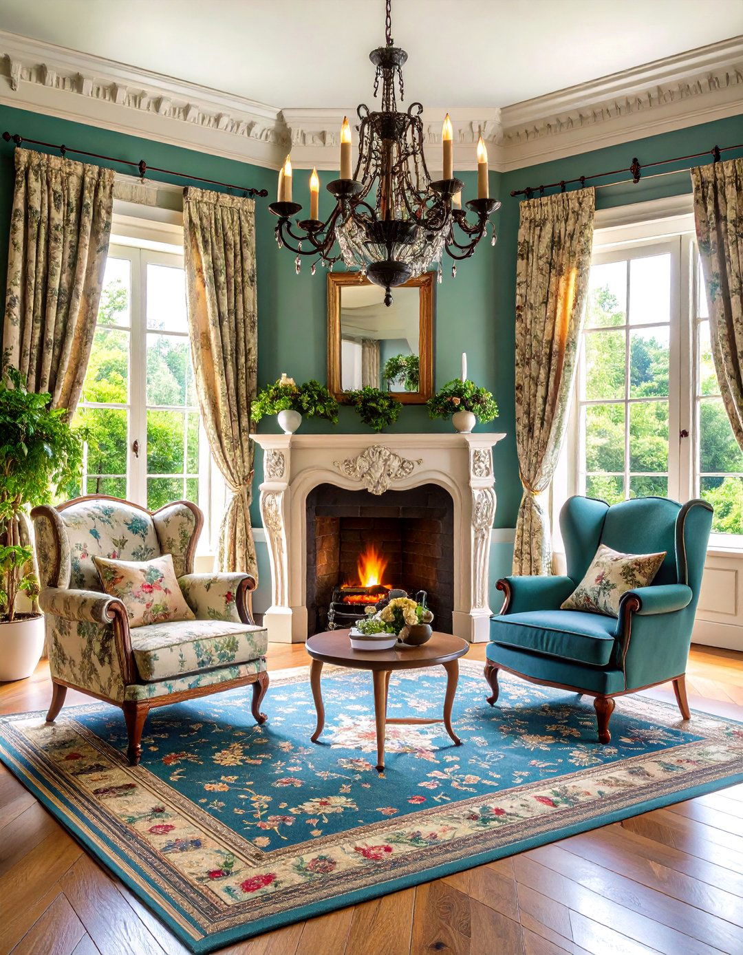 French Country Stone Fireplace with Casement Windows - 25 Fireplace Between Windows Ideas