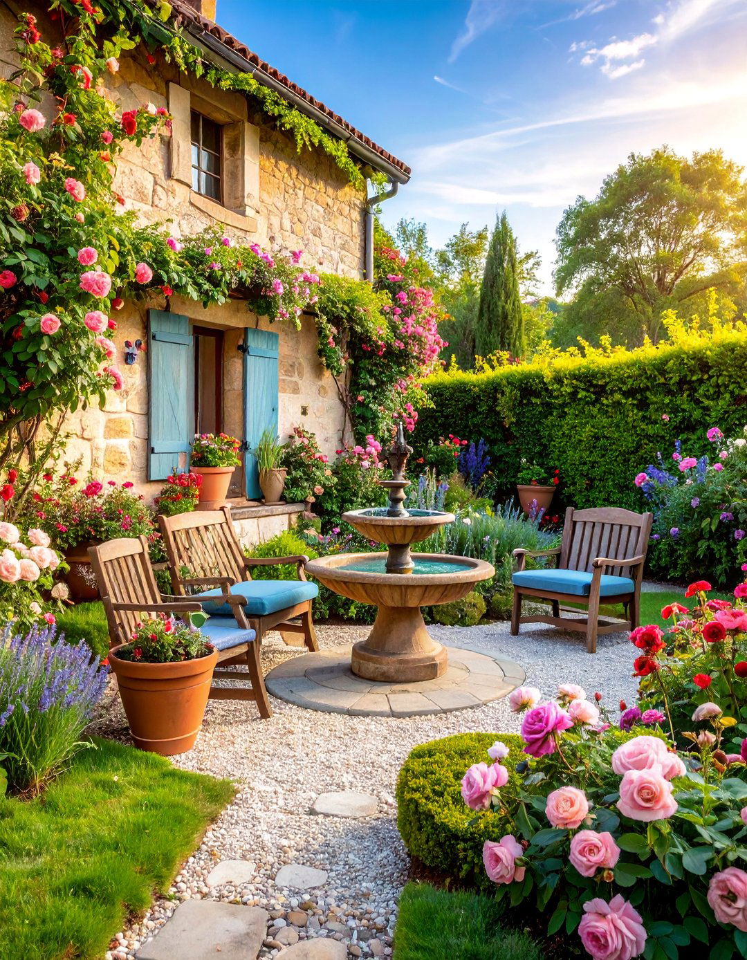 French Country Stone Wall Garden - 25 Mediterranean Patio Ideas