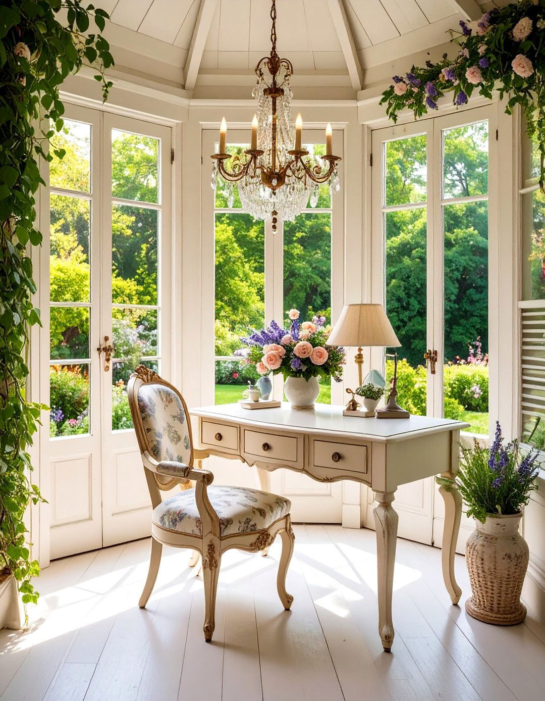 French Country Sunroom Office with Antique Charm - 25 Sunroom Office Ideas