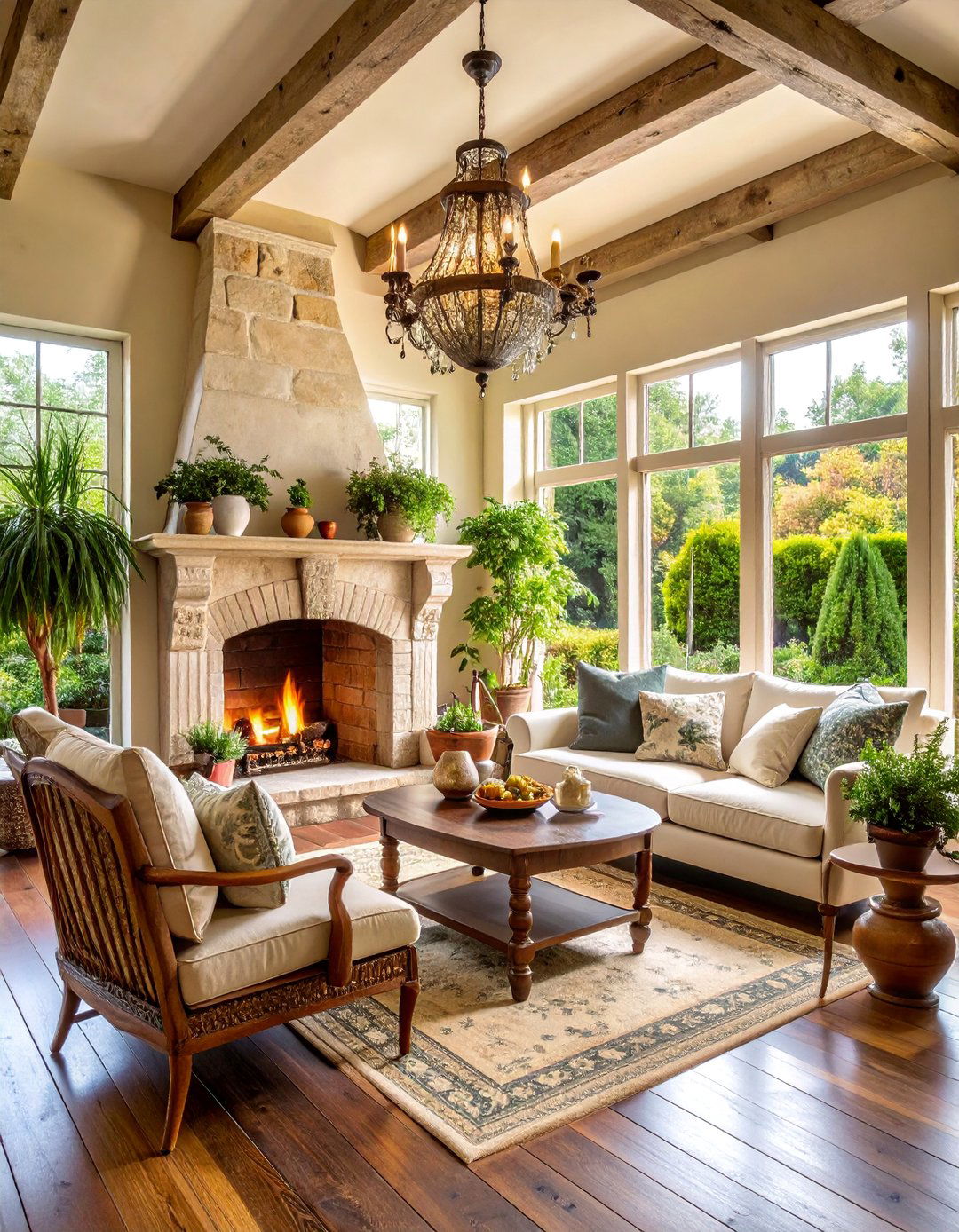 French Country Sunroom with Limestone Fireplace and Provincial Charm - 25 Sunroom With Fireplace