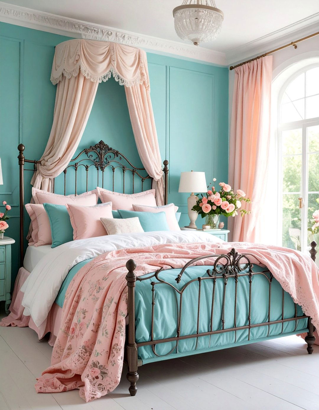 French Country Teal and Rose Pink Bedroom with Vintage Florals - 25 Teal and Pink Bedroom Ideas