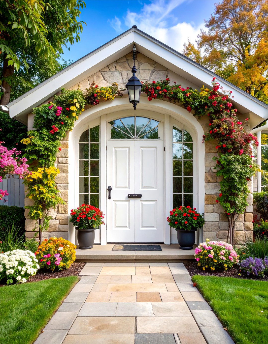 French Country White Front Door with Arched Windows - 25 White Front Door Ideas