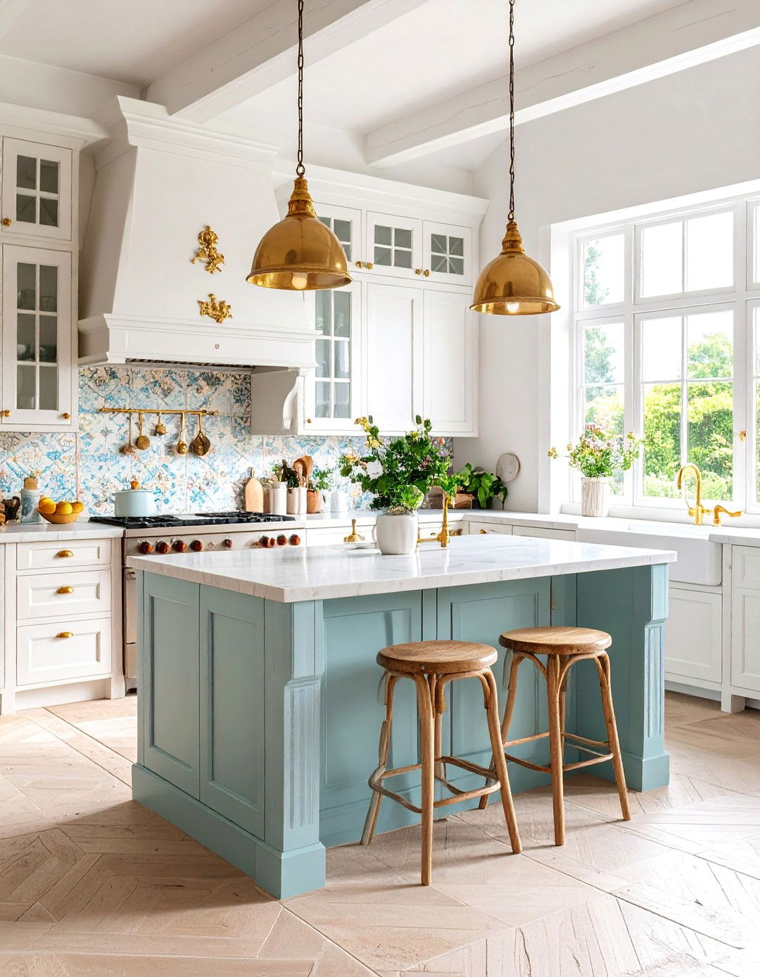 French Country White Kitchen with Antique Gold Hardware - 25 White and Gold Kitchen Ideas