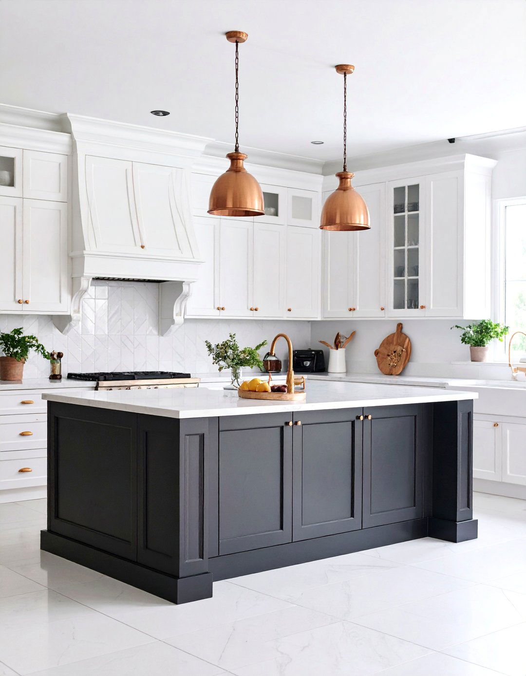French Country White Kitchen with Black Island and Copper Accents - 25 white kitchen ideas with black island