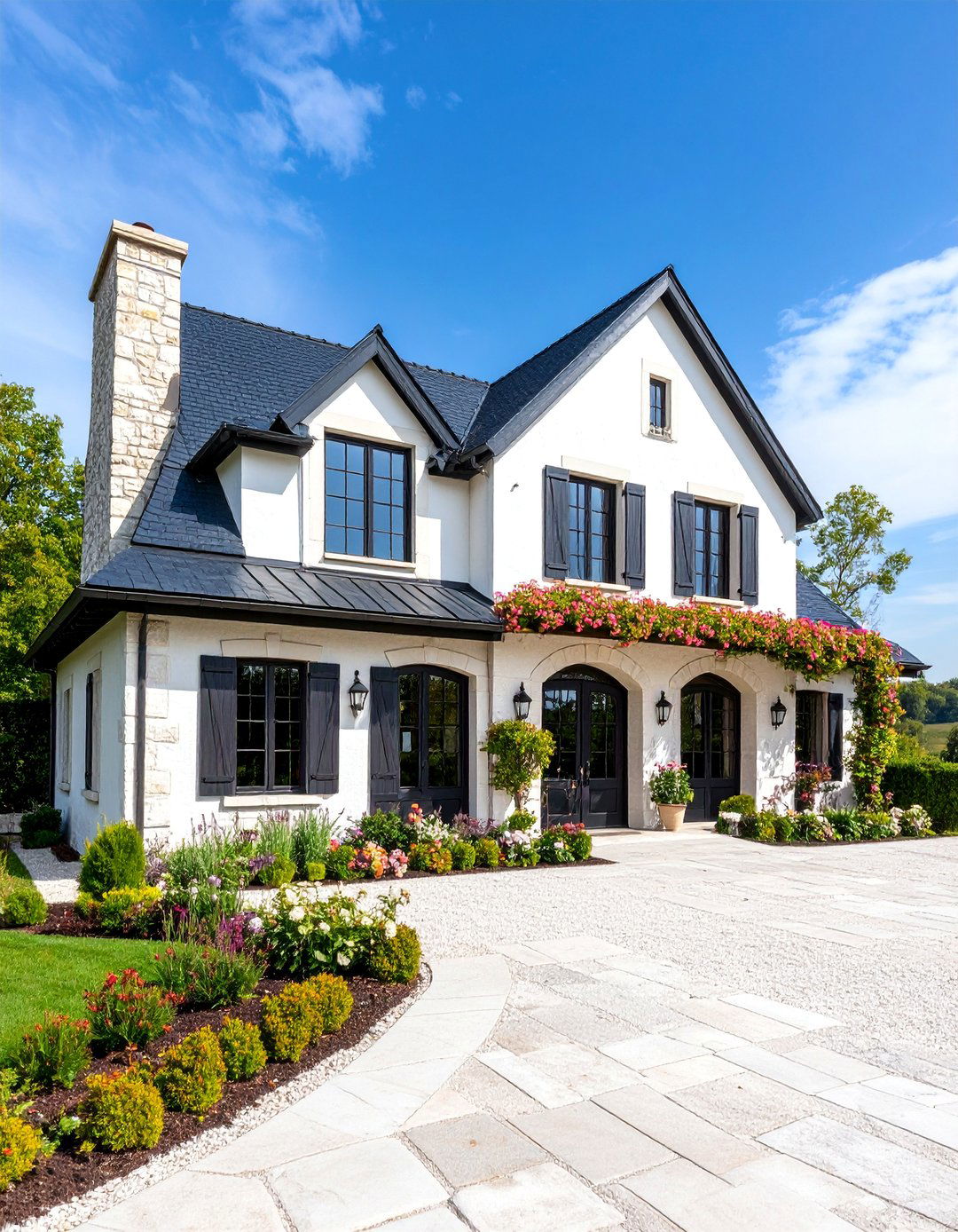 French Country with Natural Stone Elements - 25 White Exterior Home with a Black Roof Ideas