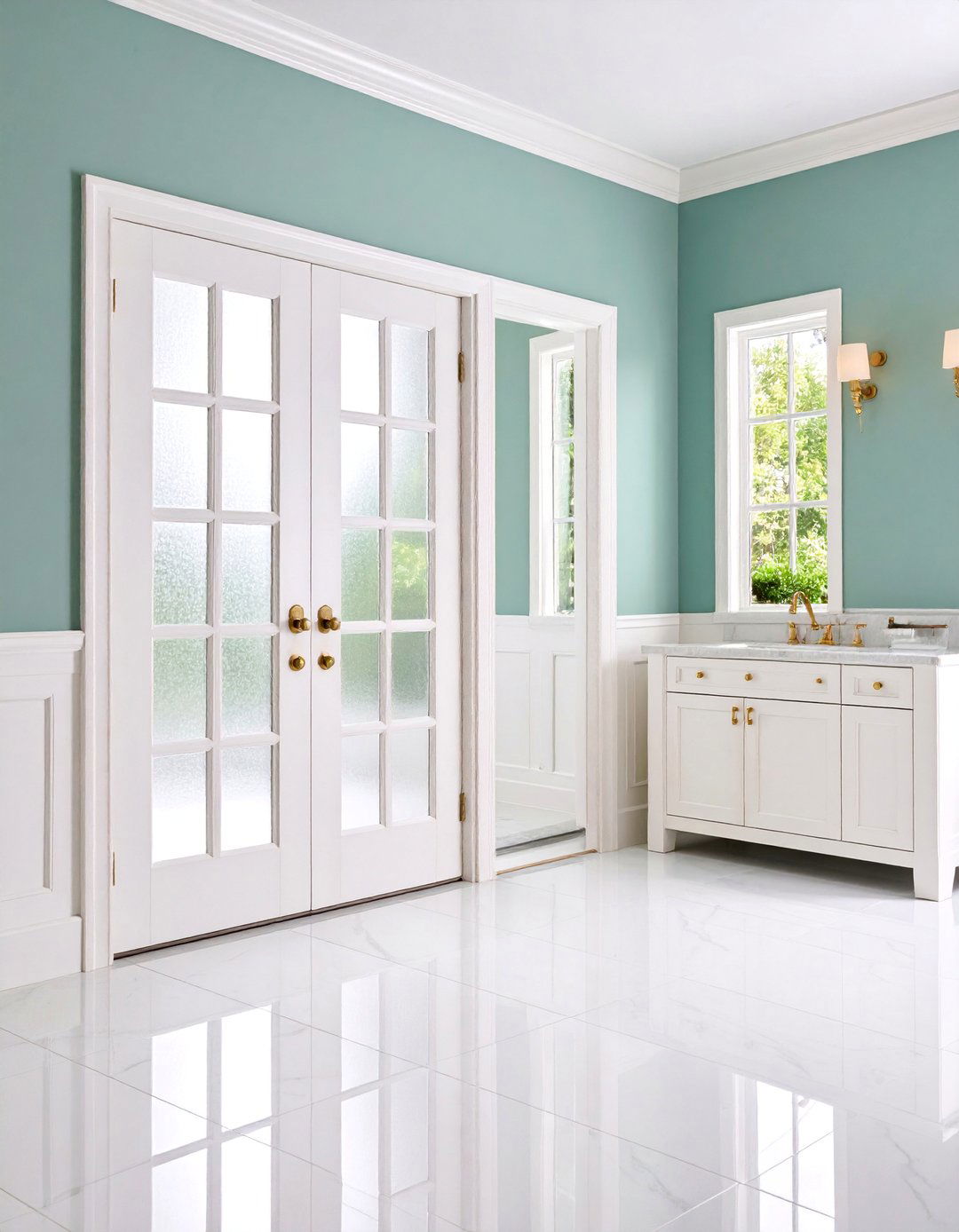 French Doors with Frosted Glass Panels and White Frames - 25 Bathroom Door Ideas
