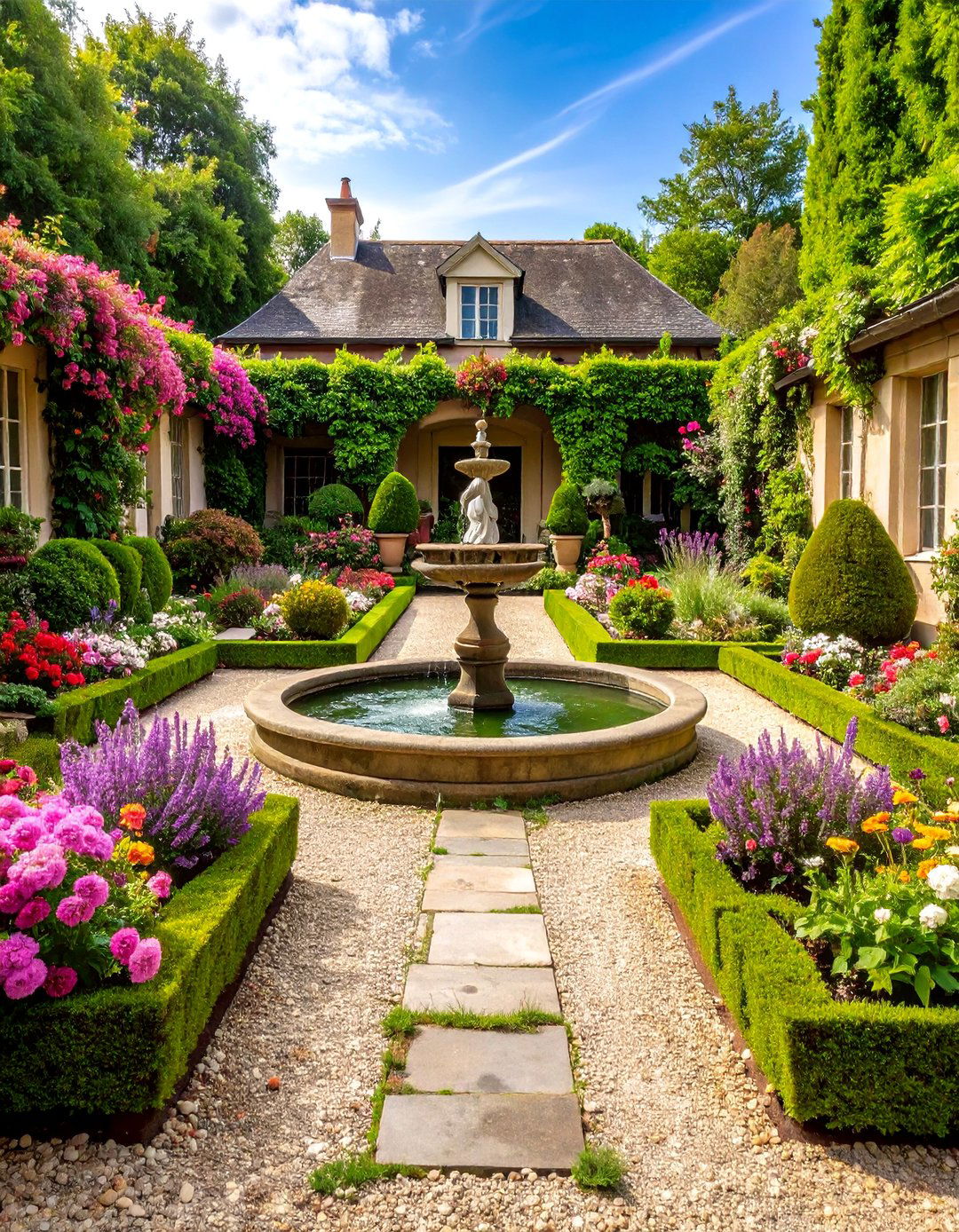 French Formal Courtyard with Boxwood Parterre - 25 Courtyard Ideas