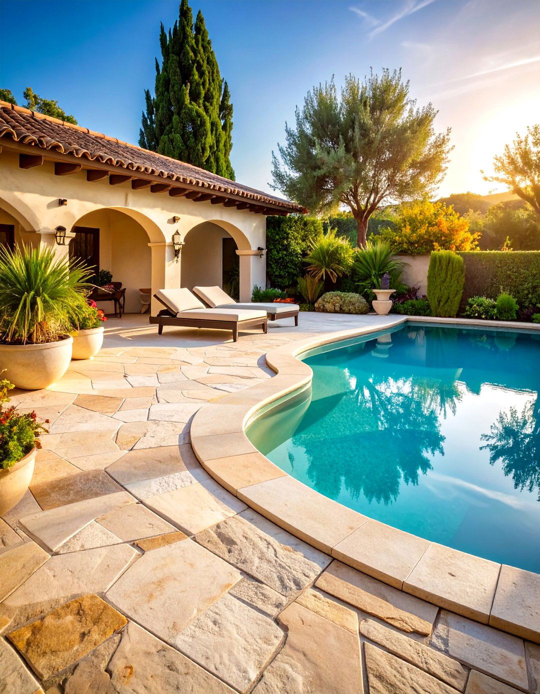 French Pattern Limestone Pool Courtyard - 25 Pavers Around Pool Ideas