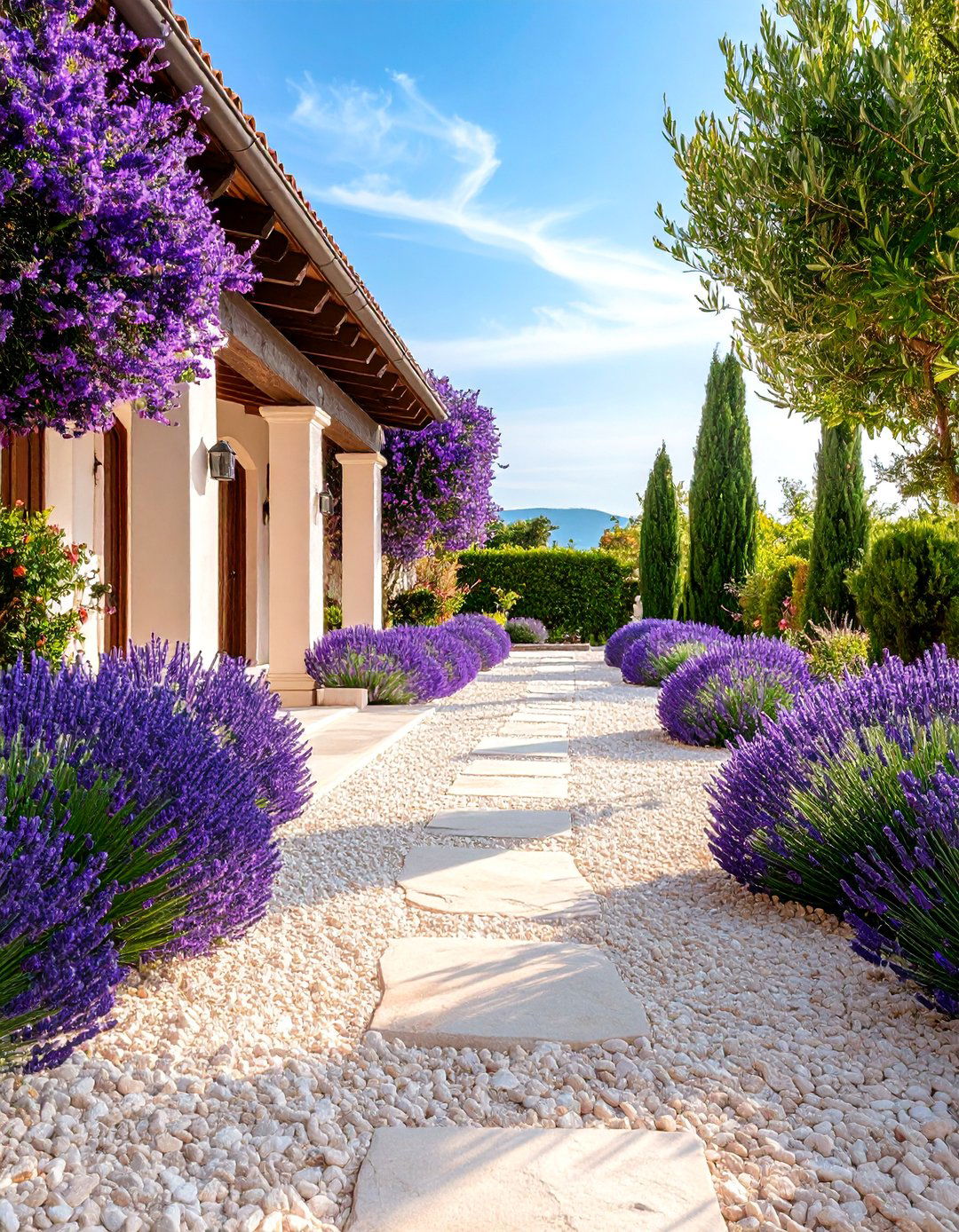 French Provence Gravel Driveway with Lavender Border Plantings - 25 Gravel Driveway Ideas