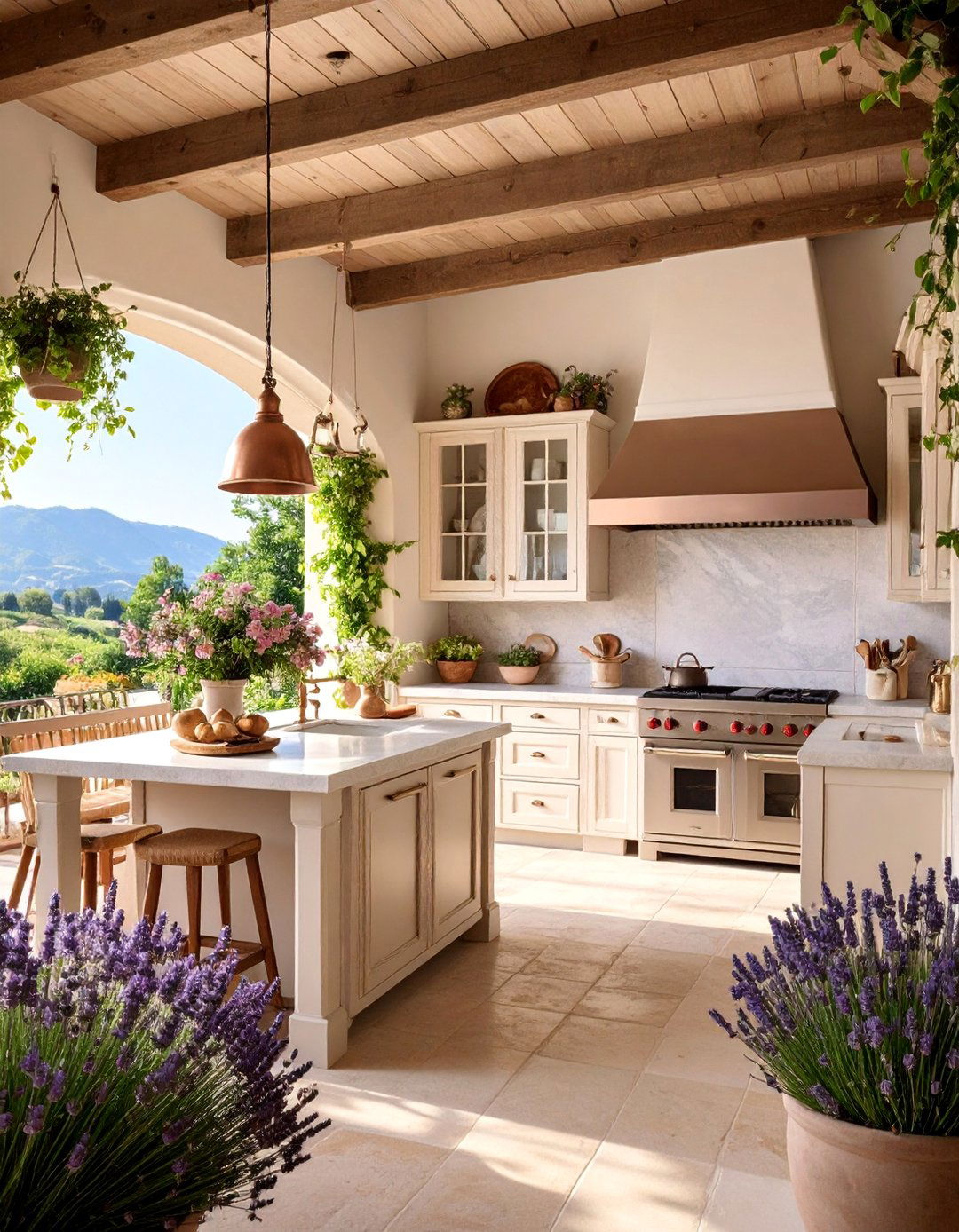 French Provincial Lanai Kitchen with Limestone Surfaces - 25 Lanai Kitchen Ideas