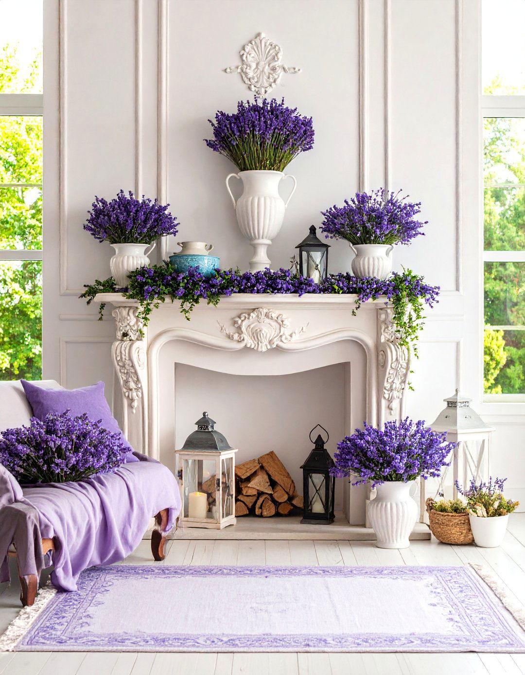 French Provincial Lavender and Linen Mantel - 25 Spring Mantel Decor Ideas