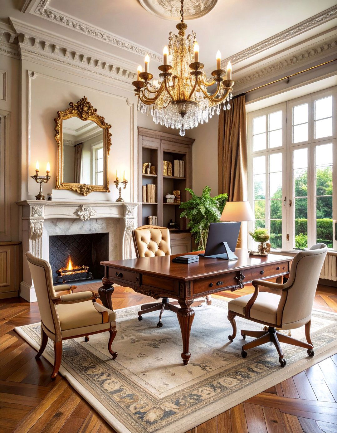 French Provincial Office with Limestone Fireplace - 25 Home Office With Fireplace Ideas