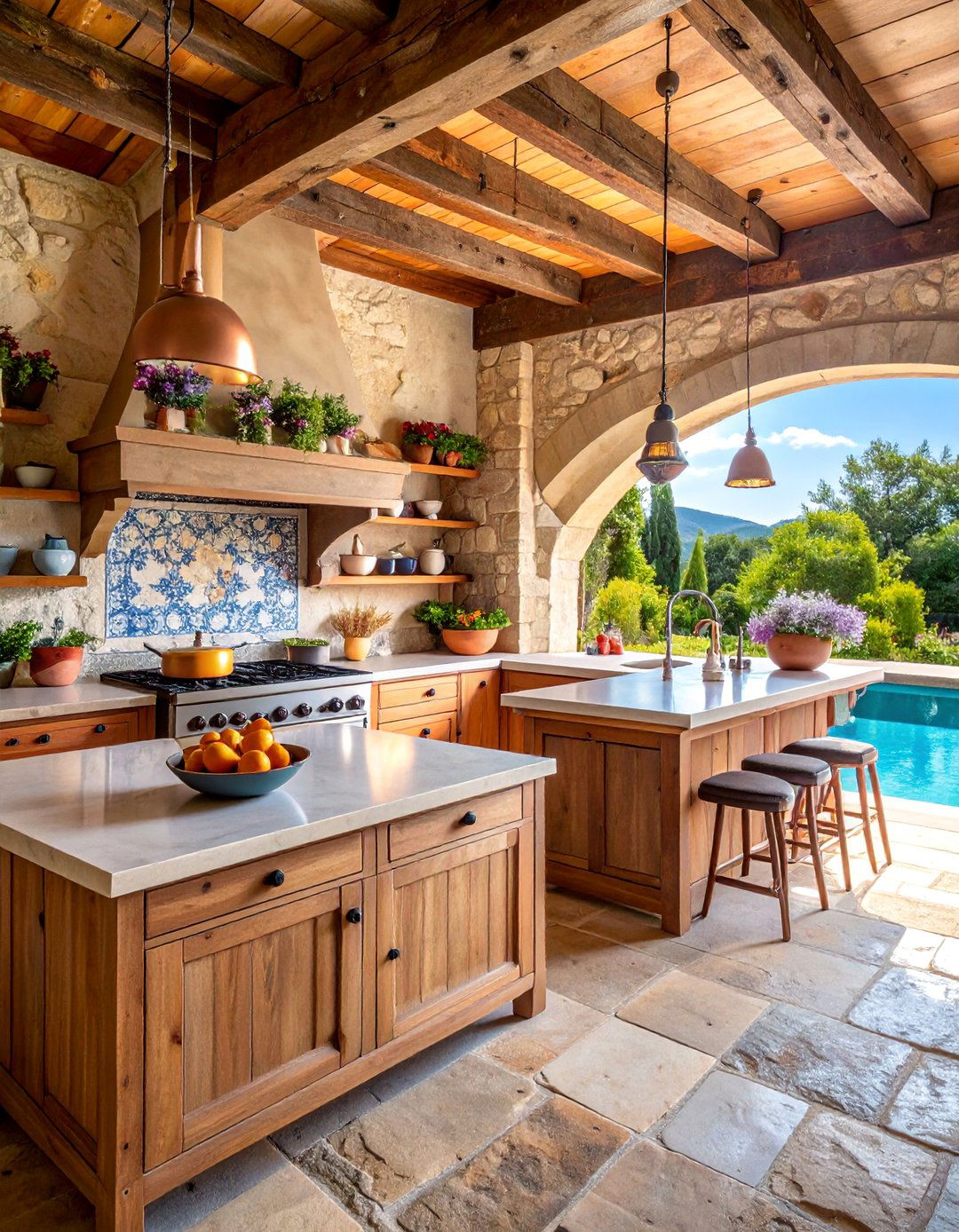 French Provincial Pool House with Country Kitchen Elegance - 25 Pool House With Outdoor Kitchen Ideas