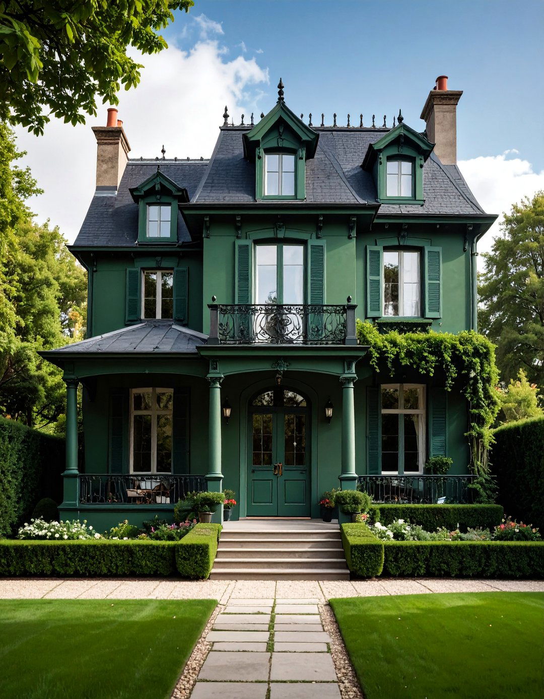 French Provincial with Elegant Details - 25 Dark Olive Green House Designs