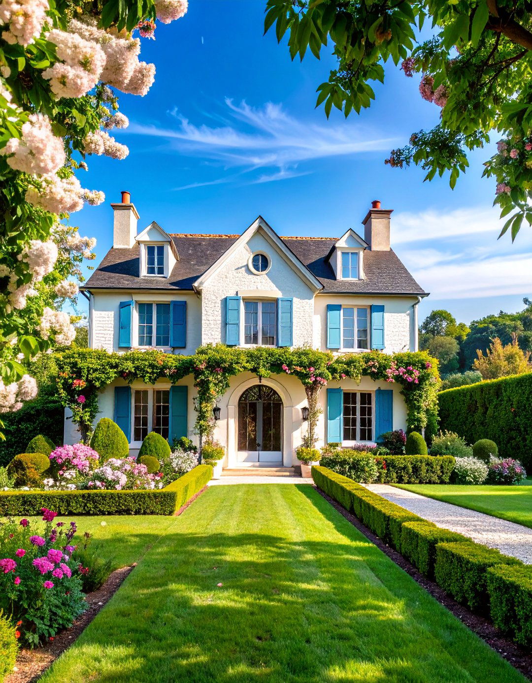 French Provincial with Limestone Accents - 25 White Brick House With Black Trim