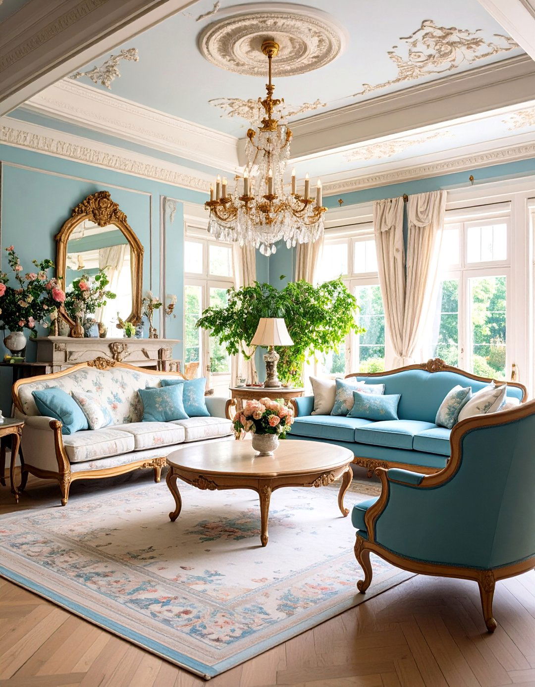 French Provincial with Painted Ceiling Details - 25 Living Room Vaulted Ceiling Ideas