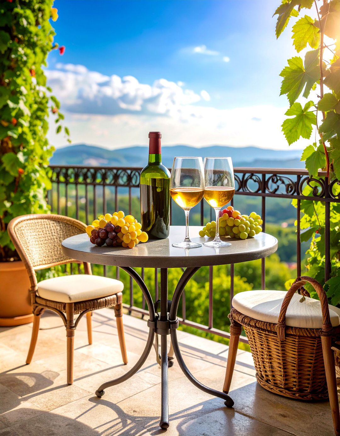 French Vineyard Balcony with Grape Vines and Wine Tasting Setup - 25 French Balcony Ideas