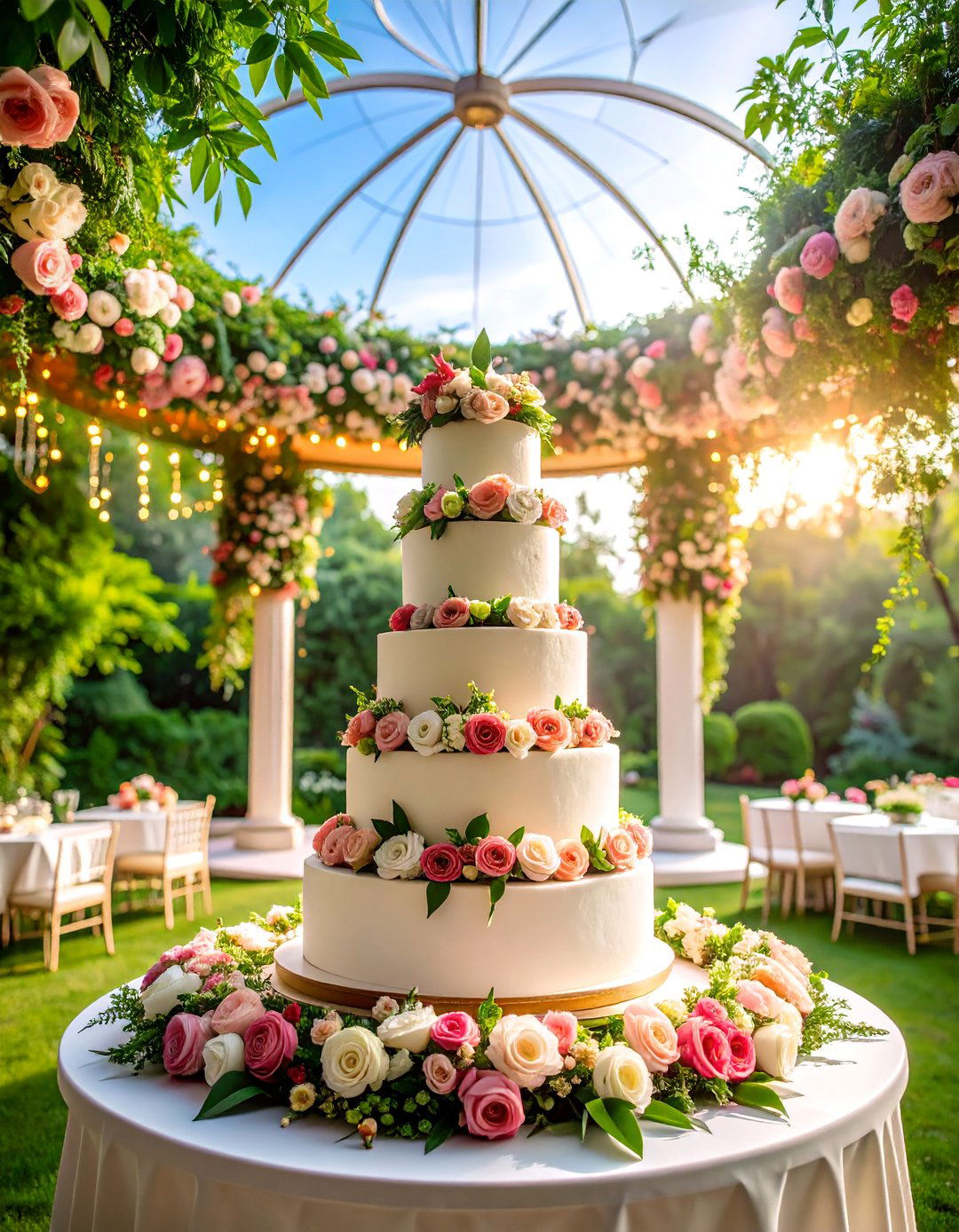 Fresh Floral Cascade Wedding Cake with Garden Elements - 25 Wedding Cake Ideas