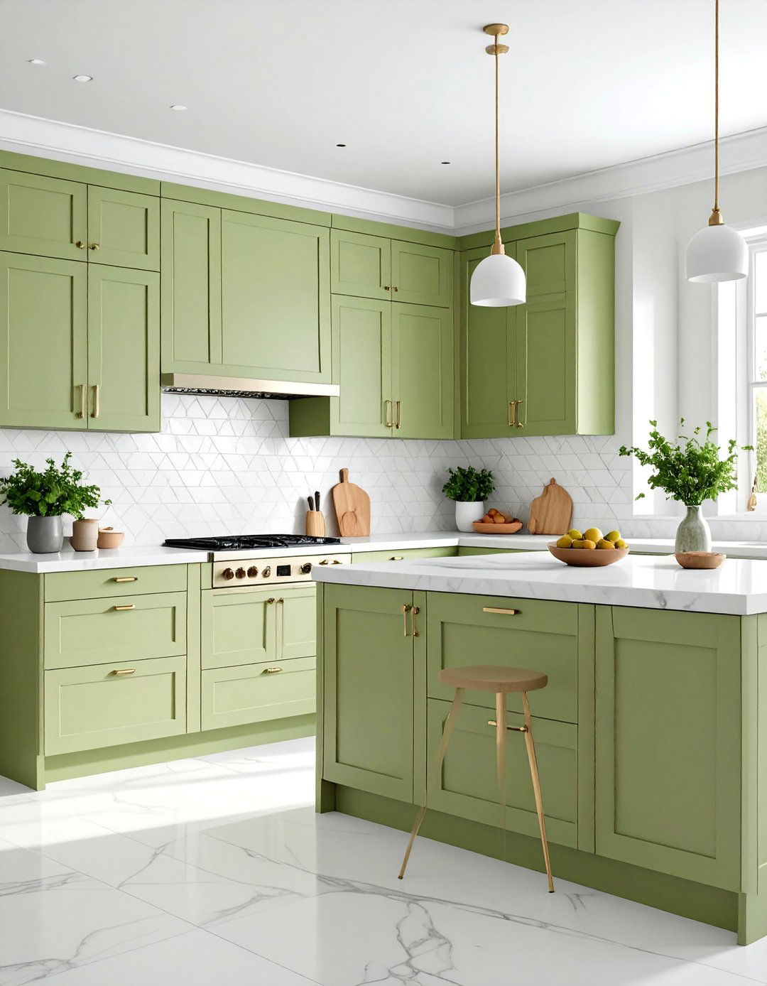 Fresh Olive Green Kitchen with White Marble Countertops - 25 Olive Green Room Ideas