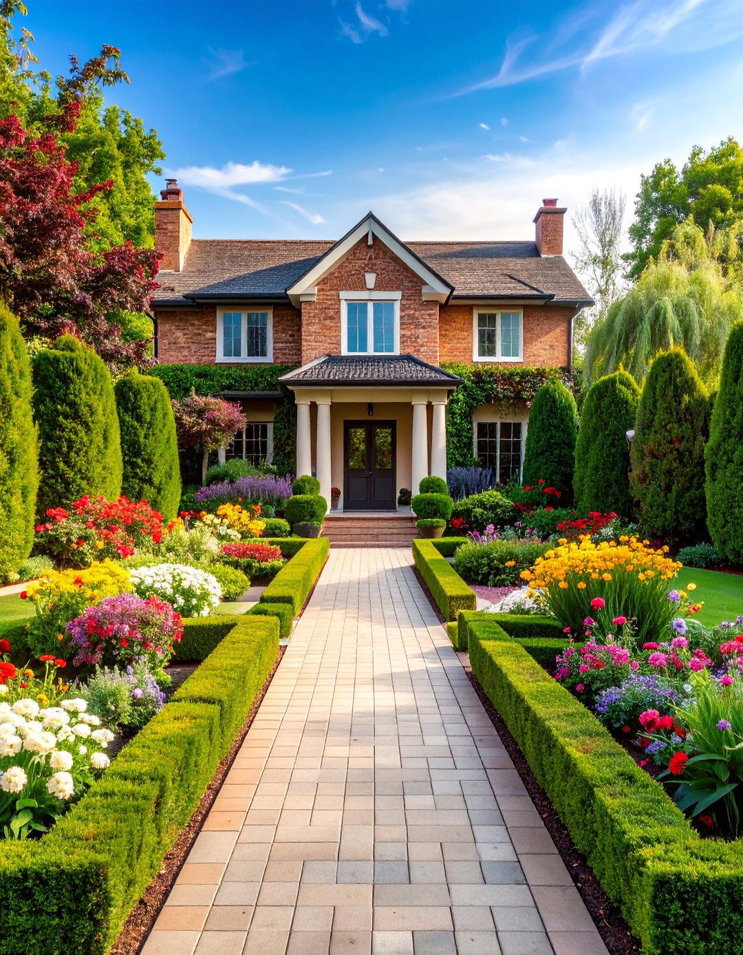 Front Yard Flower Bed with Formal Symmetrical Layout - 25 Front Yard Flower Bed Ideas