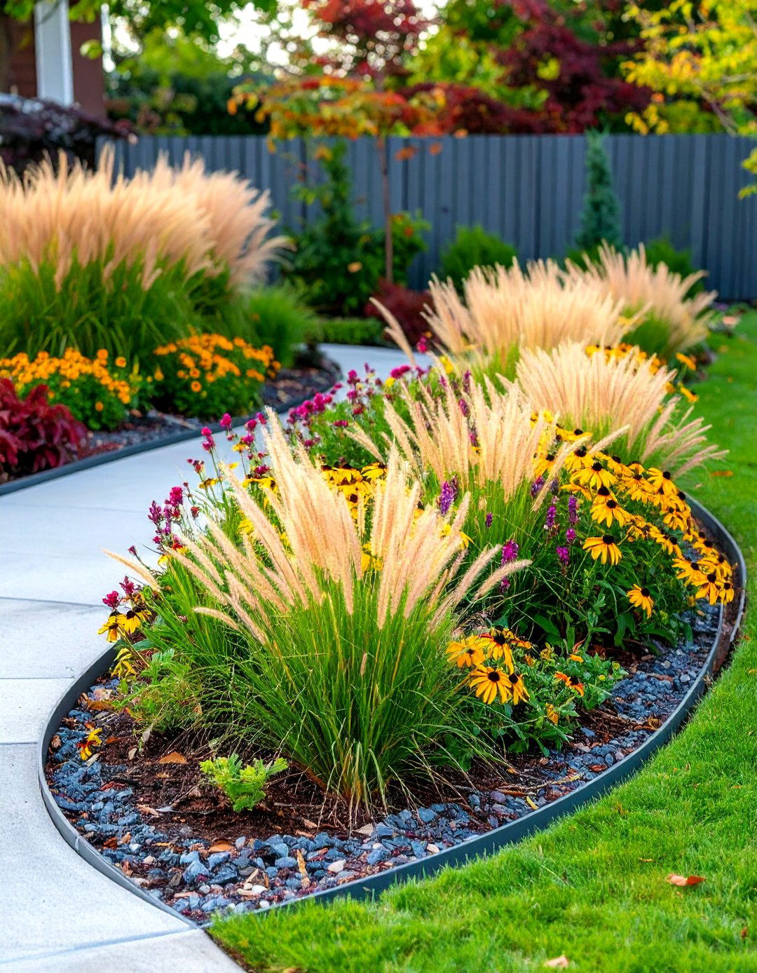 Front Yard Flower Bed with Ornamental Grass Accents - 25 Front Yard Flower Bed Ideas