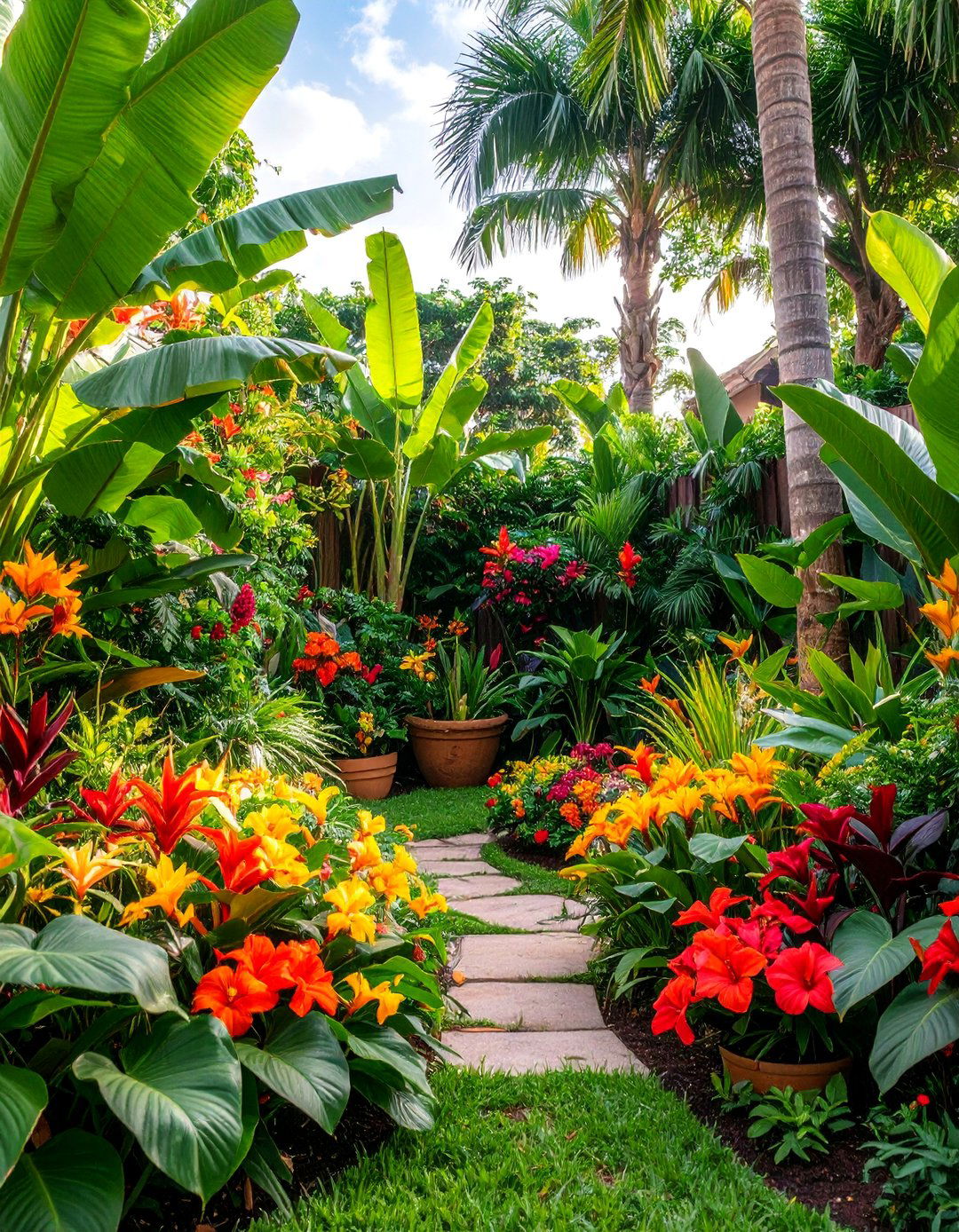 Front Yard Flower Bed with Tropical Bold Foliage - 25 Front Yard Flower Bed Ideas