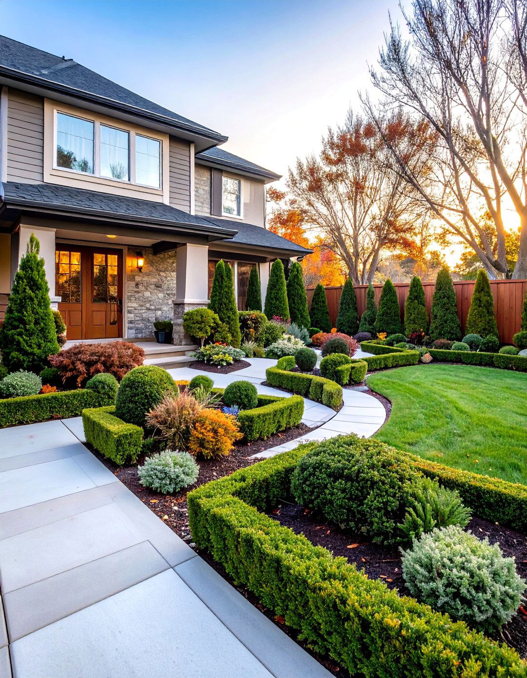 Front Yard Flower Bed with Year Round Evergreen Structure - 25 Front Yard Flower Bed Ideas