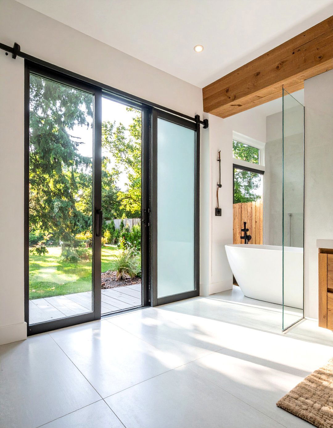 Frosted Glass Barn Door with Steel Frame - 25 Bathroom Barn Door Ideas