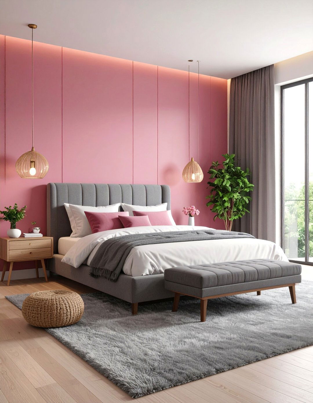 Fuchsia Accent Wall Bedroom with Gray Contemporary Furniture - 25 Pink Bedroom Ideas
