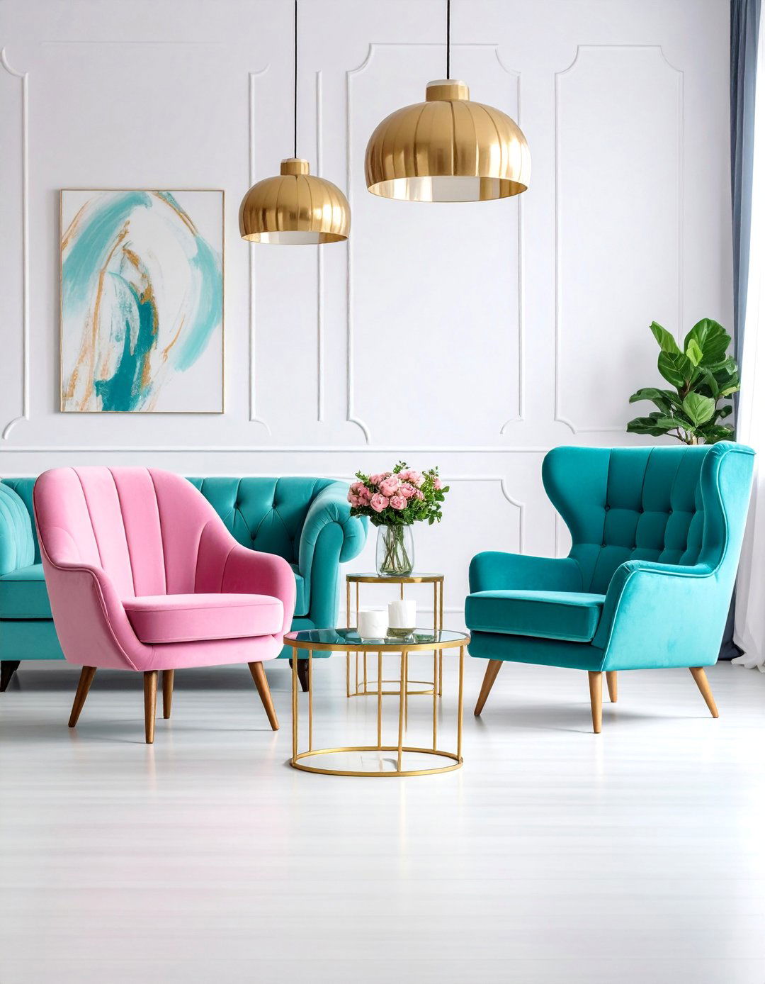 Fuchsia Pink Accent Chair with Turquoise Sofa - 25 Pink and Blue Living Room Ideas