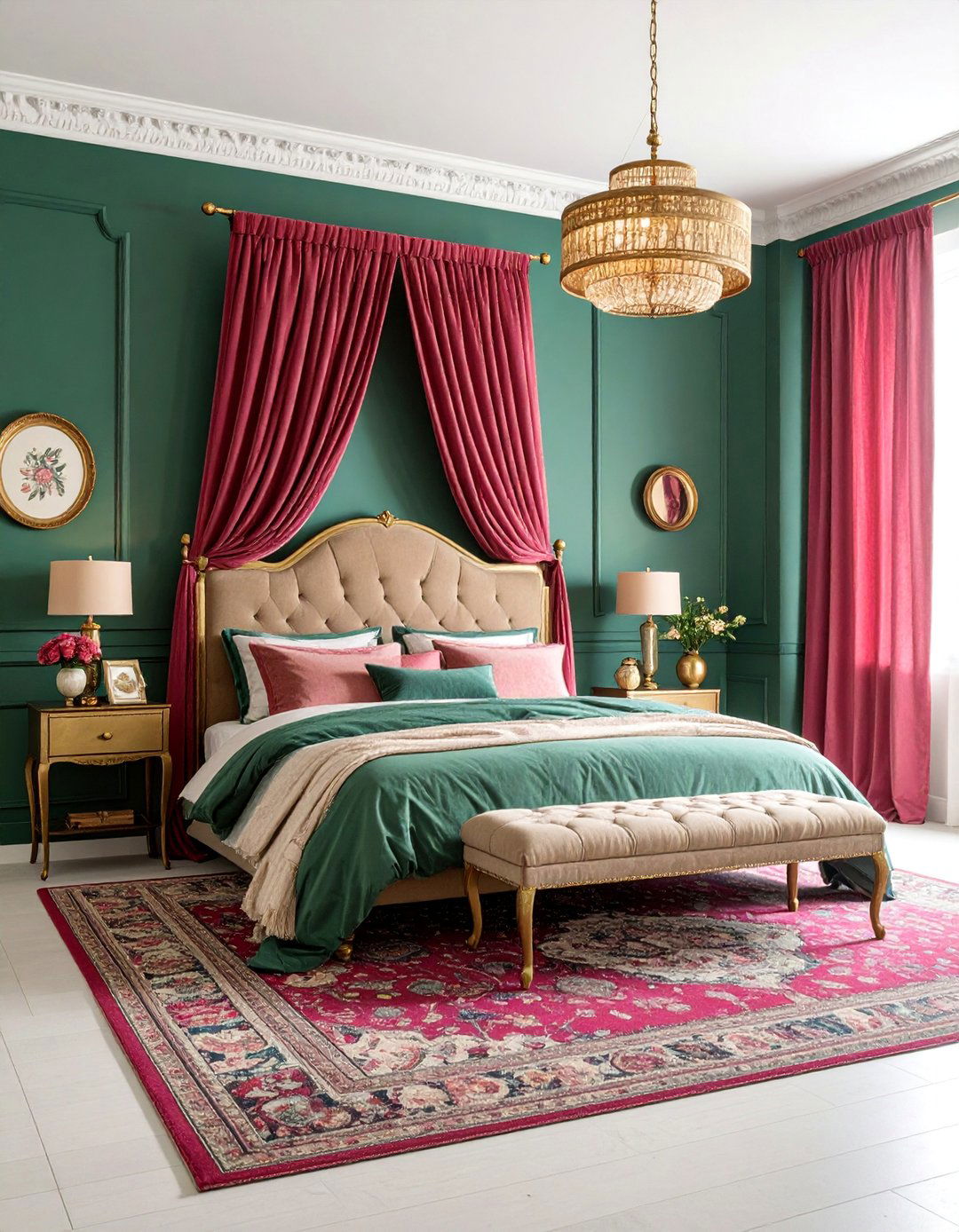 Fuchsia and Hunter Green Eclectic Bedroom - 25 Pink and Green Bedroom Ideas