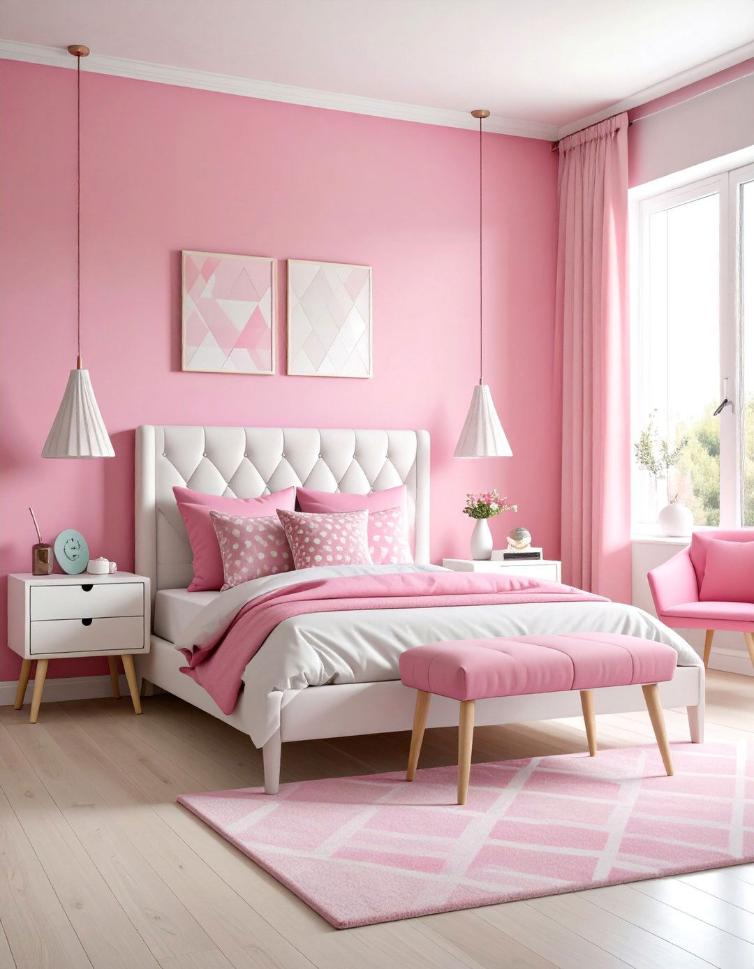 Fuchsia and White Teen Bedroom with Geometric Patterns - 25 Colorful Room Ideas