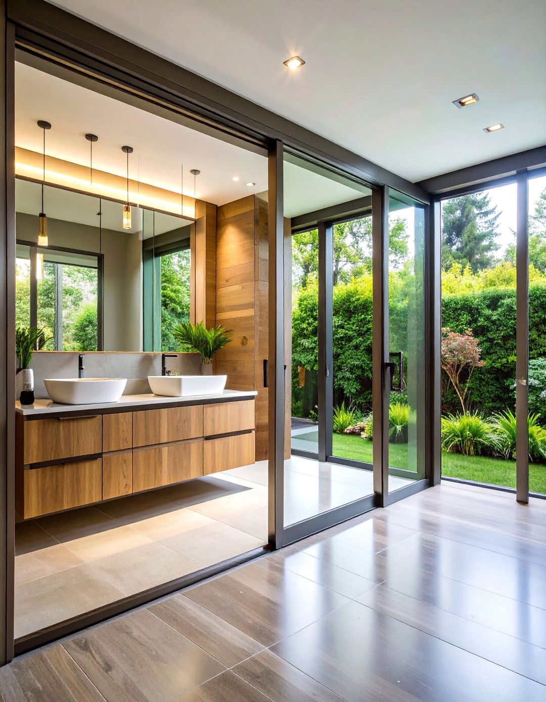 Full Length Mirrored Sliding Door with Soft Close Mechanism - 25 Bathroom Door Ideas